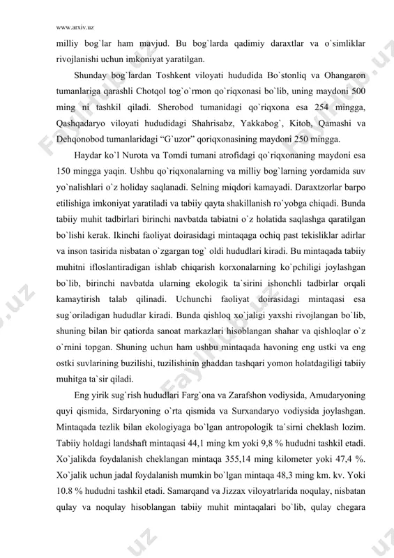 ada havoning eng ustki va eng ostki suvlarining buzilishi, tuzilishinin ghaddan tashqari yomon holatdagiligi tabiiy muhitga ta`sir qiladi. eng yirik sug`rish hududlari farg`ona va zarafshon vodiysida, amudaryoning quyi qismida, sirdaryoning o`rta qismida va surxandaryo vodiysida joylashgan. mintaqada tezlik bilan ekologiyaga bo`lgan antropologik ta`sirni cheklash lozim. tabiiy holdagi landshaft mintaqasi 44,1 ming km yoki 9,8 % hududni tashkil etadi. xo`jalikda foydalanish cheklangan mintaqa 355,14 ming kilometer yoki 47,4 %. xo`jalik uchun jadal foydalanish mumkin bo`lgan mintaqa 48,3 ming km. kv. yoki 10.8 % hududni tashkil etadi. samarqand va jizzax viloyatrlarida noqulay, nisbatan qulay va noqulay hisoblangan tabiiy muhit mintaqalari bo`lib, qulay chegara qiymatlariga to`g`ri keluvchi mintaqalarga ajratilgan muhandislik ekologiyasi nuqtayi nazaridan qulay sharoit deb hisoblangan: mintaqaga: qo`riqxonalar hududlari, ormonchilik, urgut, samarqand va qo`shrabot tumanlarida tog`li joylar kiradi. bu joylarda qo`riqxonalar va o`rmon xo`jaliklarining mavjudligi sababli ob-havoga, suv havzalari, yer usti qatlamiga insonnin gta`siri kam. ekologik cheklangan noqulay sharoitdagi mintaqadagi tog` oldi …