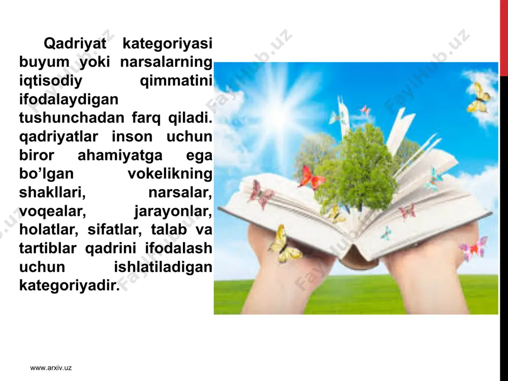 jihatlarini sayqallashtirib, rataqqiyot jarayonida atkomillashtirib turi-shi ma‘nosida o’z qadriyatlarining haqiqiy egasi, makon va zamondagi ilgarilanma harakatdan iborat o’zgarishlar jarayonida ularni o’tmishdan kelajakka atmon yetkazib boradigan eng asosiy ob‘ektdir» . www.arxiv.uz www.arxiv.uz milliy qadriyatlarning negizini urf - odatlar, rasm -rusumlar, bayramu-sayillar atshkil eatdi. o’zbek milliy qadri-yatlari mazmunida insonparvarlik g’oy-alari yoatdi. uzoq atrix davomida o’zbeklarning o’zaro munosabatlarida, kundalik turmush atrzida o’zaro hamkorlik va hamdardlik, vafodorlik va o’zaro hurmat, biri - biriga suyanish va yaxshi qo’shnichilik, bolajonlik va oat - onaga hurmat, mehr - oqibat va sadoqat har tomonlama e‘zozlanib kelinadi. milliy qadriyatlar o’sha mil-latga mansub har bir kishi tomonidan yaratilgan, insoniylik, odamiylikka xos fazi-latlar, xislatlar, xosiyatlarni milliy - madaniy meros xazinasiga qo’shgan hissasini ifodalovchi buyuk ko’rsatkichdir. www.arxiv.uz www.arxiv.uz milliy qadriyatlarni tiklash - ularga hozirgi zamonga mos yangi mazmun ato etish demakdir. xuddi shuning uchun ham, o’zbekiston davlat musatqilligiga erishishi bilan mamlakatimizga hozirgi zamon öivilizaöiyasi atlablariga javob beruvchi umuminsoniy demokratik qadriyatlar xalqimiz turmush …
