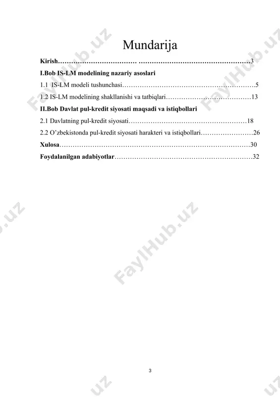 farqlanadi. ichki bozorda narxlar barqarorligini ta’minlash vazifasi pul-kredit siyosatini amalga oshirishning aniq strategiyasi va batafsil rejasi bo‘lishini hamda maqsadli ko‘rsatkichlarga erishish uchun samarali instrumentlar va mexanizmlarni talab etadi. rivojlangan va rivojlanayotgan davlatlar markaziy banklari tomonidan keng qo‘llanilayotgan usullar inflyatsion targetlash, monetar targetlash, valyuta kursini targetlash va nominal yakorsiz rejimlarni o‘z ichiga oladi. shularni inobatga olgan holda o’zbekiston iqtisodiyoti uchun is-lm-bp modeli va budjet-soliq va davlatning pul-kredit siyosati asosiy e’tibor qaratish kerak bo’lgan sohalardan hisoblanadi.bu kurs ishini asosiy maqsadi jahonda va mamlakatimizda olib borilayotgan pul-kredit siyosati va uning kelajakdagi istiqbollarini tahlil qilish va o’rganishdan iborat i.bob is-lm modelining nazariy asoslari 1.1 is-lm modeli tushunchasi. tovar va pul bozorida umumiy muvozanatga erishish shartlari va makroiqtisodiy siyosat tadbirlarining bu ikki bozorga ta’sirini umumlashtirib tadqiq qilish is - lm modeli yordamida bajariladi. is - lm modeli birinchi marta 1937 yilda j.xiks tomonidan keynsning makroiqtisodiy kontseptsiyasini izohlash uchun taklif etildi hamda 1949 yilda a. xansenning …