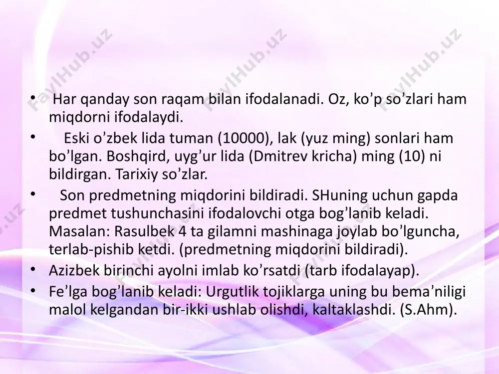 di. sanoq sonlar predmetlarni donalab, taqsimlab, jamlab, taxmin-chamalab ko’rsatadi. sanoq sonlar quyidagi turlarga bo’linadi: 1. miqdor sonlar bir turdagi predmetlarning umumiy miqdorini bildiradi: besh, yuz, ming. miqdor sonlar hisob so’zlari bilan qo’llanadi. ular ot turkumiga mansub so’zlardir. hisob so’zlari quyidagi o’lchov birliklarini bildiradi: donalikni: dona, tup, bosh, tuyoq, ... butunning bo’lagini: tilim, chimdim, lagan, savat, qop,... juft predmetlarni: juft, jo’ra, pora. og’irlikni: grammm, kilogramm, pud, tsentner, tonna; uzunlikni: m, mm, km, qadam, qarich, odim, enli; suyuqlikni: litr, stakan, kosa, xovuch, xo’plam; pul qiymatini: so’m, tiyin, tanga; yosh o’lchovini: yosh, kunlik, oylik; vaqtni: asr, yil, daqiqa, hafta, sutka, kun. 2. dona son. bir xildagi predmetlarning yakkalab, donalab sanaladigan umumiy miqdorini bildiradi. 2 usul bilan hosil bo’ladi: morfologik usul: miqdor songa – ta qo’shimchasini qo’shib; sintaktik usul: miqdor sondan so’ng donalikni bildiradigan hisob so’zlarini keltirib. 3. chama son. predmetning taxminiy miqdorini bildiradi. miqdor songa –tacha, -larcha, -lab qo’shimchalarini qo’shib va ketma-ket keladigan …