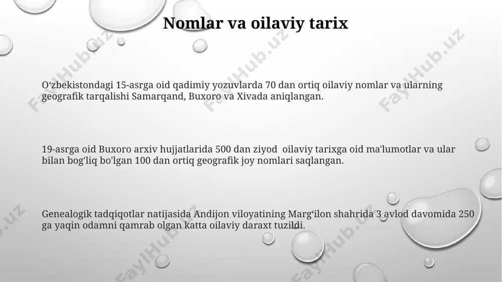 y kabi, milliy g'urur va tarixiy xotirani saqlashda muhim rol o'ynab, 15-asr va undan keyingi davrlarda 30 dan ortiq shaharlarga nom berilgan. 2023-yilgi ma'lumotlarga ko'ra, o'zbekistonda 10 ta eng mashhur ismning 5 tasi qadimgi fors va arab nomlarining zamonaviy varianti hisoblanadi, bu nomlarning madaniy merosimizdagi chuqur ildizlarini ko'rsatadi. nom tanlash an'analari farg'ona vodiysidagi 12 ta qishloqda o'tkazilgan tadqiqotlar shuni ko'rsatdiki, 70% oilalarda 2 ta avlod davomida o'g'il bolalariga bobolari ismini qo'yish odati bor. o'zbekistondagi ba'zi qabilalarda, masalan, 15-asrda buxoroda yashaganlar orasida, ajdodlarning ismlarini 3 avlod davomida takrorlash an'anasi mavjud bo'lgan. samarqand viloyatining ayrim hududlarida, taxminan 1000 yildan ortiq vaqt davomida, qizlarga onalarining ismlarini qo'yish marosimi saqlanib qolgan, bu oilaviy bog'lanishni kuchaytirish maqsadida amalga oshirilgan. millat va madaniyatdagi nomlarning o'rni buxoro va samarqand kabi tarixiy shaharlarda 1000 yildan ortiq vaqt davomida qoʻllanib kelinayotgan anʼanaviy ismlar, mahalliy urf-odatlar, ijtimoiy tuzum va dinning taʼsiri ostida shakllanib, oʻziga xos madaniy identifikator vazifasini oʻtagan. tojikiston …