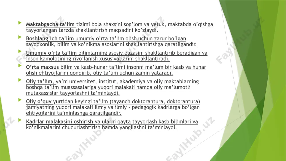 nomzodi ilmiy darajasi va falsafa fanlari doktori (phd) negizida 3 yil davom etadi, dissertatsiya himoya qilish bilan yakunlanadi. yakuniga ko’ra, tanlangan mugaxassislik bo’yicha «fan doktori» (doctor of science)ilmiy darajasi beriladi. shuningdek, mutaxassislar malakasini oshirish va maktabdan tashqari ta’lim turlari ham bo’lib, ularning barchasi ta’limni to’g’ri tashkillashda o’ziga xos bo’g’inni tashkil etadi. ta’lim - tarbiya va kadrlar tayyorlash tizimi mamlakatni jahon miqyosida yuqori o’ringa ega bo’lishi tomon sharoit vujudga keltiradi. avvalo, malakali mutaxassis bo’lish uchun zamon bilan hamnafas holda o’z ustida izlanish lozim. xulosa o’rnida, geografiya fanlari doktori, professor a.s.soliyev taklif etgan “ilm qilish formulasi”ni keltirishni joiz topdik: di = (ia + sm) ∙ tu bunda, di = dissertatsiya ishi, ia = ilmiy adabiyotlar, sm = statistik materiallar, tu = tadqiqot usullari. ushbu jarayon to’liq bo’lsagina, izlanishda samara va natija bo’ladi va h.k. image1.png image2.png image3.png image4.png image5.png