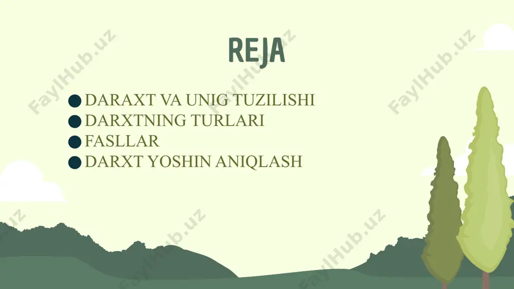 yosh o‘simlik chiqqanida, u kichik novda, barglar va rivojlanayotgan ildiz tizimiga ega bo‘ladi. bu bosqichda daraxt hali juda nozik bo‘lib, o‘sish uchun quyosh nuri, suv va ozuqa moddalari kerak bo‘ladi. ildizli yosh daraxt (saplign): daraxt o‘sishda davom etar ekan, u sapling (yosh daraxt) bo‘ladi. uning poyi qalinlashib, ildiz tizimi kuchayadi. daraxt balandlashib, aniq shaklga kiradi. tug‘ilgan daraxt (mature tree): daraxt bu bosqichga yetib, o‘z balandligiga yetadi va gullar yoki konuslarni ishlab chiqaradi, keyinchalik urug‘lar hosil bo‘ladi. poyi va shoxlari to‘liq rivojlangan bo‘lib, ildiz tizimi mustahkamlanadi. yoshga yetgan daraxt (old tree): vaqt o‘tgan sari daraxt yanada kattalashib, vertikal o‘sishdan to‘xtaydi. energiya asosiy qismiga, ya'ni g‘umbaklarni kengaytirishga, urug‘larni ishlab chiqarishga va ekosistemani qo‘llab-quvvatlashga qaratiladi. ba'zi daraxtlar yuzlab yoki hatto minglab yillar yashaydi. 01 02 03 04 qobiq 01 yadro 02 ichki halqa 03 tashqi halqa 04 daraxtning ishki tuzilishi daraxtning tashqi qismi bo‘lib, daraxtni tashqi ta'sirlardan, xususan, issiqlik, namlik, va zararlardan himoya …