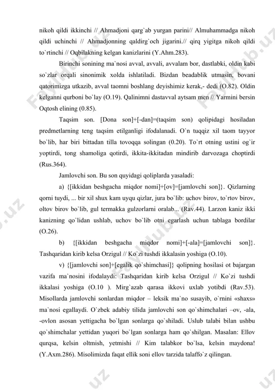 «shaxs» ma`nosi egallaydi. o`zbek adabiy tilida jamlovchi son qo`shimchalari –ov, -ala, -ovlon asosan yettigacha bo`lgan sonlarga qo`shiladi. uslub talabi bilan ushbu qo`shimchalar yettidan yuqori bo`lgan sonlarga ham qo`shilgan. masalan: ellov qurqsa, kelsin oltmish, yetmishi // kim talabkor bo`lsa, kelsin maydona! (y.axm.286). misolimizda faqat ellik soni ellov tarzida talaffo`z qilingan. chama soni. predmetning noaniq miqdorini, taxminiy hisobni bildiradi. quydagi qoliplarda chama son voqelashadi a) {[sanoq son]+[-cha]=[chama son]}. bular orqasidan uch yuzcha qiz uynashib (rav.37). eshitaman tuqsoncha bor qalangiz // pesh xizmatga tayyor turar turangiz (o.62). shu bugun boruvdim qizing oldiga //o`n-un beshcha qiziloyoq bor ekan (xur.80). kupkarini chopib yotur // un ikki mingcha boyvachcha (alp.337). {[sanoq son]+[so`z +-cha]=[chama son]} qolipining hosilasidan chama, taxmin ma`nosini shakllana. masalan: bu orada uttiz kuncha bo`libdi // gul enama o`zmay sovchi quyadi (alp.343). oradan bir yilcha vaqt o`tdi (oych. 120). b) kompozitsion usul bilan hosil bo`lgan chama son juftlashadi ular juft holda kelganda ikkala komponent ham …