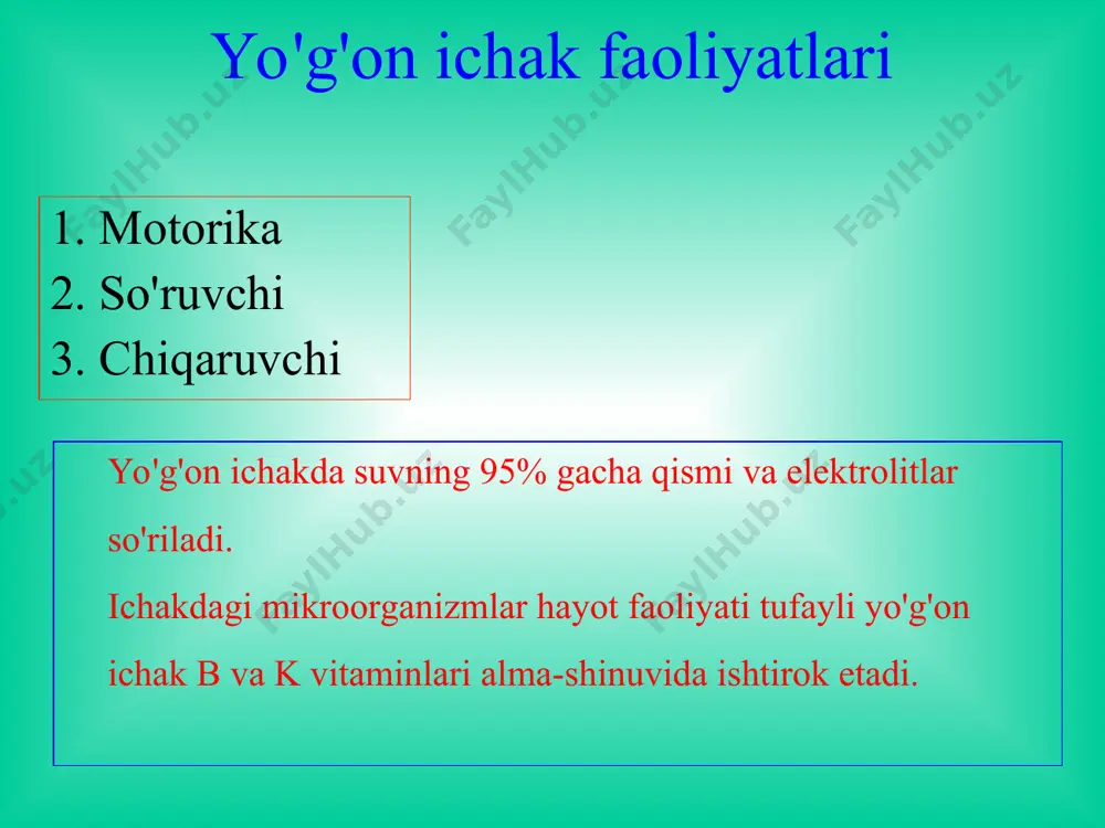 rindagi og'riqlar qorindagi oqriqlar 80-90% bemorlarda kuzatiladi og'riqlar yallig'lanish jarayonini qorin pardasiga o'tishi bilan bog'liq og'riqlar intensivligi har-xil (to'mtoq, tortuvchi), lekin ichak tutilishi yuzaga kelganda intensivligi kuchayadi, hurujsimon tus oladi. ichak diskomforti ishtahani pasayishi kekirish ko'ngil aynishi epigastral sohadagi og'irlik hissi bemorlarda ichini qotishi ichini suyuq holda ketishi qorinni quldirashi qorinni shishishi patologik ajralmalar patologik ajralmalar: najas bilan qon va yiringni chiqishi 40-50% bemorlarda kuzatiladi. qon o'sma parchalanganda, yiring va shilliqni chiqishi o'sma atrofini yalliglanishida va qo'shimcha kolit rivojlanganda ajraladi. ayrim bemorlarda o'smani paypaslanishi yakka simptom bo'lib hisoblanadi, ko'proq o'sma yo'g'on ichakni o'ng yarmida joylashganda kuzatiladi. yo'g'on ichak rakini klinik shakllari toksiko-anemik toksiko-anemik shakli holsizlik, tez-tez charchash, tana haroratini ko'tarilishi, teri rangini oqarishi anemiya hisobiga. enterokolitik shakli enterokolitik shakli qorin shishi, qorinni quldirashi, ichni qotishi, ichni ketishi, qorindagi og'riqlar va najasda qon, yiring, shilliq ajralishi bilan xarakterlanadi. klinik shakllari dispeptik shakli ishtahani yo'qolishi, ko'ngil aynishi, kekirish, qayt qilish, epigastral sohadagi …