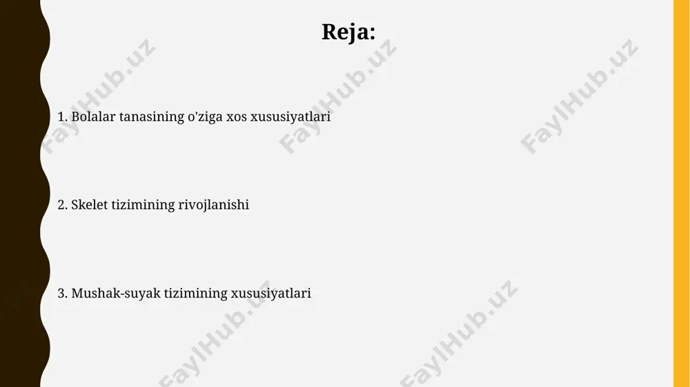 g uchun 7-10 yosh oralig'ida intensiv jismoniy mashqlar toshkent kabi shaharlarda ehtiyotkorlik bilan amalga oshirilishi kerak. teri va teri osti yog' qavati teri va teri osti yog‘ qavatining rivojlanishi yoshga bog‘liq bo‘lib, 6 yoshgacha bo‘lgan bolalarda teri sezgirligi va himoya qobiliyati kattalarga nisbatan ancha past bo‘ladi, shuning uchun quyoshdan himoya qilish choralarini ko‘rish juda muhimdir, masalan, quyoshdan himoya kremlaridan foydalanish. teri va teri osti yog‘ qavati yangi tug‘ilgan chaqaloqlarda nisbatan yupqa bo‘lib, taxminan 1-2 mm qalinlikda bo‘ladi, bu esa kattalarga nisbatan sezilarli darajada yupqadir, shu sababli ular issiqlikni kamroq saqlaydi. tana proporsiyalari bolalarda tana proporsiyalari kattalarnikidan sezilarli darajada farq qiladi; masalan, boshning tanaga nisbati tug'ilishda 1:4, 7 yoshda esa 1:6 ga teng bo'ladi. go'daklarda oyoq-qo'llarning uzunligi tananing umumiy uzunligiga nisbatan ancha qisqa bo'lib, taxminan 2 yoshga kelib, nisbati sezilarli darajada o'zgaradi. ichki organlarning o'ziga xos xususiyatlari o'pkalar hajmi va sig'imi kattalarga nisbatan ancha kichik, bu nafas olish tizimining rivojlanishi bilan …