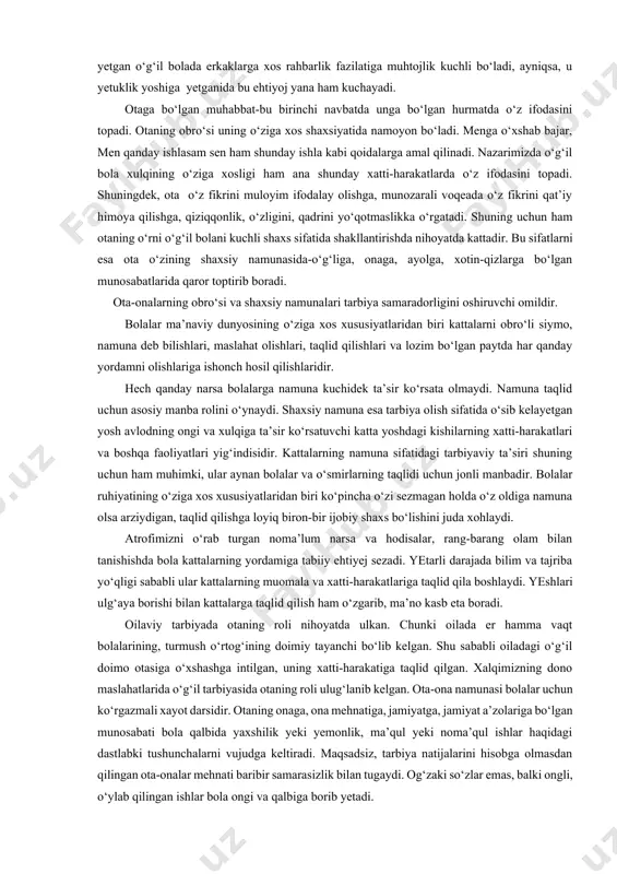, cho‘chitish usullari yot bo‘lib, bolaning qadrini bilish, o‘z-o‘zini hurmat qilish xislatlarini tarbiyalash asosiy hisoblanadi. tadqiqotlarning ko‘rsatishicha, tarbiyalashda jazo, qo‘rqitish usullaridan foydalangan oilalardagi bolalar voyaga yetgach, ruhiy asab faoliyatida buzilishlar sodir bo‘lgan. munosabatda qo‘rqoqlik, aqliy faoliyatda orqada qolish holatlari kuzatilgan. oilaviy kelishmovchiliklar, ota-onalar va bolalar o‘rtasidagi tengsizlikka asoslangan munosabatlar, ayrim ota-onalarning madaniyat va ma’lumotining nisbatan past saviyada ekanligi mavjud tarbiyaga oid bilimlarni o‘zlashtirishga xalaqit beradi. beqaror kayfiyat, hayotiy o‘zgarishlar oilaviy muhitda qarama-qarshilikni vujudga keltiradi. ota-onalarning aniq bir-birini tushunmasliklari va o‘zaro kelishmovchiliklari, yoki bolaning yonini olishlari uning xulqida egoizm ko‘rinishidagi holatni zohir etadi. otalar bunday holatlarda jazolashga moyillik, onalar esa muloyimlik, ba’zan betaraflik holatlarida bo‘lishadi. 2.2.xalq og‘zaki ijodi, hadislar oilalarni har tomonlama o‘rganish, ularning faoliyatlarini qiyosiy tahlil etish va baholash maqsadida ko‘plab oilalarda tabiiy kuzatishlar olib borildi, oilaviy marosimlarda ishtirok etildi. olib borilgan kuzatishlar natijasida quyidagi xulosalarni chiqarish mumkin. a) oilaviy tarbiya samaradorligini oshirish omillaridan biri bola shaxsini kamolotga yetkazish uchun …