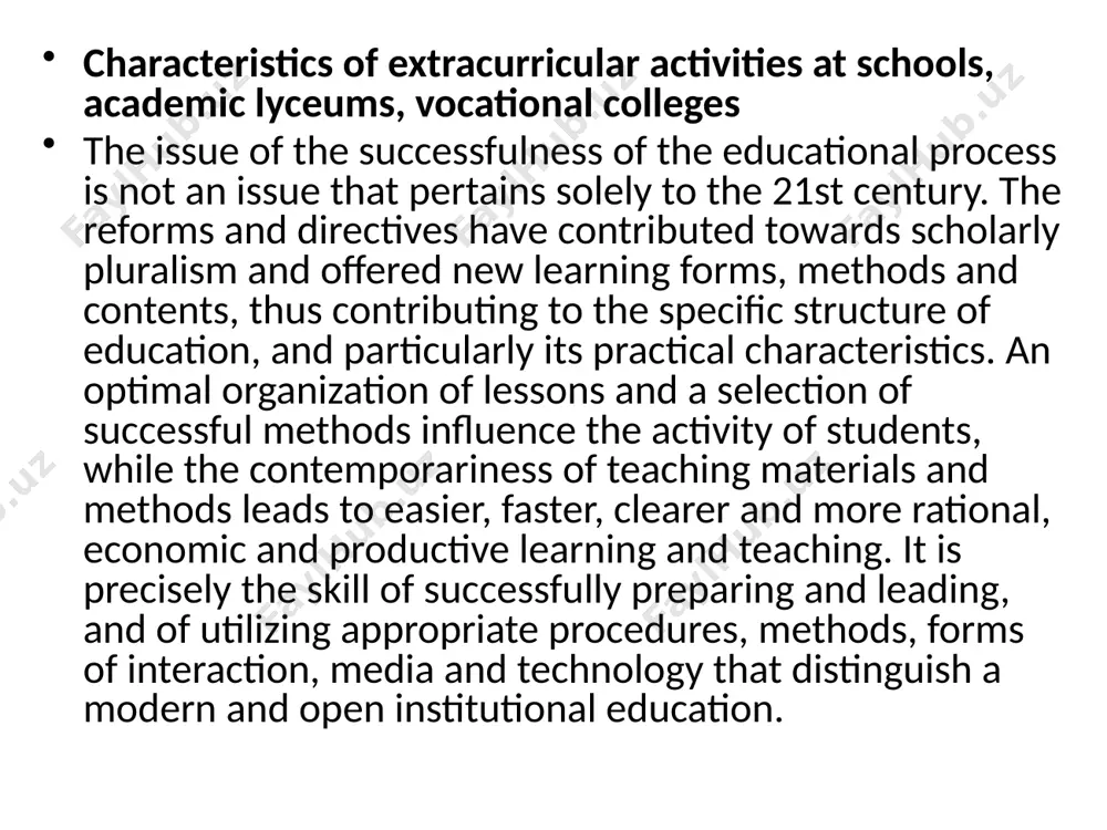 ry knowledge and revelations, thus allowing participants in education a holistic development and continuous personal improvement. the contemporary school has continued with the tendencies and the intentions of reformative orientations in pedagogy that stimulated the opening of schools to the needs of youth and the expansion of its educational values to the extracurricular, leisure time of young people, as well. thus, students gather according to various activities: sport, music, science, research etc. this means that the school has offered its students the option to spend their free time in the quality and learning environment of extracurricular activities, with the aim of individual educational development. the successfulness of a contemporary school is reflected precisely in the manner in which it establishes connections between its students, its teachers and its educational content; this influences the students' progress, enriches their knowledge and develops their skills - therefore, preparing them for life. we maintain …