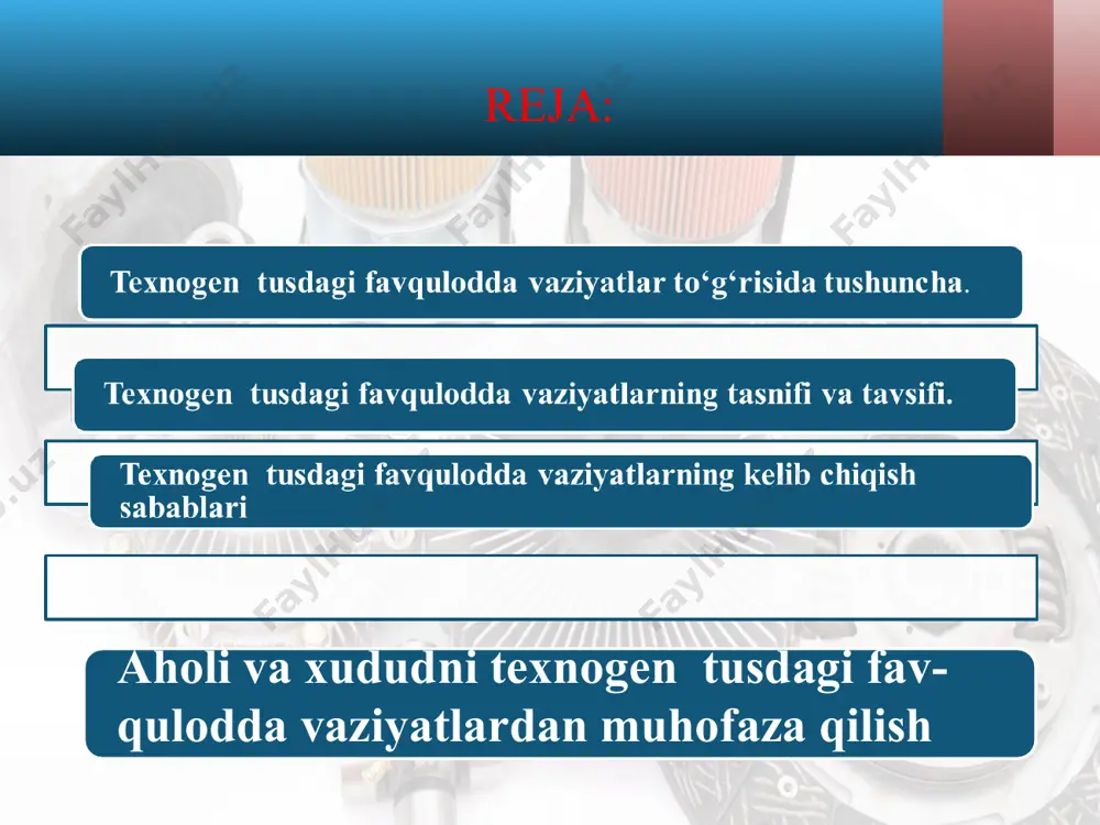 vfli va ekologik jihatdan zarar bo’lgan moddalarni ishlatilishi yoki saqlanishi bilan bog’- liq bo’lgan halokatlar radioaktiv va boshqa xavfli va ekologik jihatdan zarar bo’lgan moddalarni ishlatilishi yoki saqlanishi bilan bog’- liq bo’lgan halokatlar gidrotеxnik halokatlar gidrotеxnik halokatlar