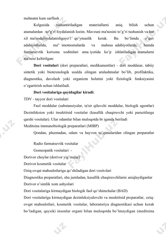 i. tayyor dori vositalari (tdv) - sibstansiya va yordamchi moddalarga, texnologik ishlov berib olingan, tayyor vositalardir, shu jumladan, ovjnlik xom ashyolari ham, texnologik jarayonini hamma bosqichlaridan o’tgan, sifat ko’rs^tkichlari baholangan, bemor qabul qilinadigan holatda bo’ladi. tdv tegishli idishlarga qadoqlangan va odamlar qabul qilishiga mo’ljallangan bo’ladi. faol moddalar (substansiya, ta'sir qiluvchi moddalar, biologik moddalar) tabiiy (odamlardan, hayvonlardan, mikroorganizmlardan, o’simliklardan, minerallardan) sintetik moddalar yoki biotexnologik usulda olingan vositalar kirib, farmokologik yoki, immunobiologik ta'sirga ega bo’lib, fdv ishlab chiqarishda ishlatiladi. yordamchi moddalar -bularga tabiiy sintetik moddalar kirib, davolash ta'siriga ega emas, ular tdv ishlab chiqarishda, saqlash va qulay holatda qabul qilishni ta'minlash uchun ishlatiladi. qaytadan ishlab chiqarilgan dori vositalari (generik dori vositalar) - ular saqlanish muddati tugagandan so’ng sotuvga kelib tushadi. ularni tarkibi va texnologiyasini o’zgartirib, turg’unligini uzaytirish mumkin. kosmetik dori vositalari - ma'lum shaklga keltirilgan ;abiiy yoki sintetik moddalar aralashmasi bo’lib, tarkibida substansiyalar yoki ularni aralashmasini saqlaydi, teri kasalliklarini davolashda, profilaktik maqsadlarda, …