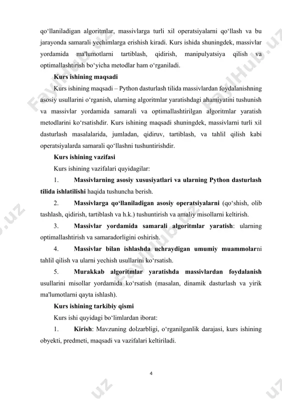 hish, olib tashlash, qidirish, tartiblash va h.k.) tushuntirish va amaliy misollarni keltirish. 3. massivlar yordamida samarali algoritmlar yaratish: ularning optimallashtirish va samaradorligini oshirish. 4. massivlar bilan ishlashda uchraydigan umumiy muammolarni tahlil qilish va ularni yechish usullarini ko‘rsatish. 5. murakkab algoritmlar yaratishda massivlardan foydalanish usullarini misollar yordamida ko‘rsatish (masalan, dinamik dasturlash va yirik ma'lumotlarni qayta ishlash). kurs ishining tarkibiy qismi kurs ishi quyidagi bo‘limlardan iborat: 1. kirish: mavzuning dolzarbligi, o‘rganilganlik darajasi, kurs ishining obyekti, predmeti, maqsadi va vazifalari keltiriladi. 2. massivlar va python dasturlash tilidagi ro‘yxatlar: python tilidagi massivlarning xususiyatlari, ularning yaratilishi va ularga operatsiyalarni qo‘llash usullari. 3. massivlar bilan ishlashda qo‘llaniladigan algoritmlar: massivlar yordamida qidirish, tartiblash va manipulyatsiya qilish algoritmlari, ularning samaradorligi va optimallashtirish metodlari. 4. murakkab algoritmlar va massivlar: dinamik dasturlash, graf tahlili, yirik ma'lumotlar bilan ishlash kabi murakkab algoritmlarda massivlardan foydalanish. 5. amaliy misollar: massivlar yordamida yaratilgan real dunyo masalalari, ularni dasturlashda qo‘llash va samaradorlikni oshirish bo‘yicha misollar. …