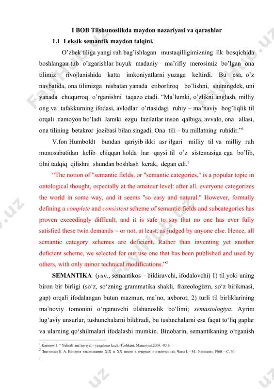 ga hozirgi fanimizdagi qarashlar va javoblar turlicha. maydon tushunchasi aslida fizika sohasida paydo bo’lgan bo’lib, “fizik hodisa voqelanadigan yoki uning ta’siri paydo bo’ladigan fazo” sifatida izohlanadi. tilshunoslikda esa “maydon” quyidagicha talqin qilinadi. yani biz maydon so’zini semantika bilan bog’liq holda talqin qilamiz. bu ikkala so’z “semantik maydon” tarzida talqin etiladi. semantikaning asosiy vazifasi manolari bilan bog’langan so’zlarni birlashtiradi. bunday so’zlar, odatda bir leksik – semantik guruhni tashkil qiladi. jumladan, rang bo’yoqni bildiruvchi so’zlar, vaqtni, harakat – holatni ifodalovchi so’zlar alohida semantik maydonga egadir. maydonni tilshunoslikda umumiy sememaga ega, bir arxisema bilan birlashuvchi leksik birliklar majmui sifatida tushunish x i x asrdan, xususan, m.m pokrovskiy tadqiqotlaridan boshlangan. a. ufimseva semantik maydon nazaryasi va uning lug’at tarkibini tahlil qilishdagi imkoniyatlarini yoritdi. maydon nazaryasi bo’yicha maxsus fikr bildirgan b. yo’ldoshev ”xix asrga kelib fizikadagi maydon nazaryasi ta’sirida tilshunoslikda ham maydon tushunchasining nazariy talqini yuzaga kelgan va tilshunoslikda asosan mazmuniy maydon sifatida ro’yobga chiqqan”ligini …