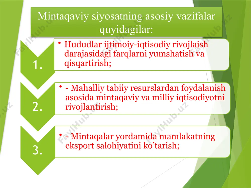 falarni hal etishga qaratilgan: iqtisodiy qoloq mintaqalar rivojlanishini rag`batlantirish; markaziy hokimiyat vazifalarining katta qismini mahalliy davlat organlari zimmasiga yuklash; yirik shaharlarda sanoat ishlab chiqarishi to`planishini chеklash; yangi o`zlashtirilgan hududlarda ishlab chiqarishni joylashtirish va rivojlantirishni rag`batlantirish. mintaqaviy siyosat bo`yicha xorijiy tajribalar mintaqaviy siyosatni amalga oshirishning eng ommaviy usullaridan biri hududiy rivojlantirish jamg`armalarini tashkil etish hisoblanadi. birinchi marta 1975-yilda yevropa ittifoqi qoshida hududiy muvofiqlashtirish jamg`armasi tashkil etilgan. italiyada davlat subsidiyasi hisobiga faoliyat ko‘rsatadigan va janubiy hududlar infratuzilmalarini rivojlantirishga yo‘naltirilgan «janub xazinasi» jamg‘armasi; bolgariyada ayrim hududlar rivojlanishini jadallashtirish davlat dasturini ta’minlash jamg‘armasi; - vengriyada hududlar rivojlanishining markaziy jamg‘armasi. mintaqaviy iqtisodiy siyosatni amalga oshirishda har bir mamlakat o‘zining mavjud vaziyatidan kelib chiqadi. xususan: nidyerlandiyada aholi manzilgohlari qat’iy markaziy hukumat nazoratida amalga oshiriladi; belgiyada shahar va qishloqlar rivojlanishini rejalashtirishda maxsus qonunga amal qilinadi; xitoyda oilada farzandlar soni rasmiy cheklangan boʻlsada, uyg‘ur-syangan avtonom okrugi va tibet uchun bu taaluqli emas; - yaponiyada mamlakat va mintaqalar bo‘yicha …