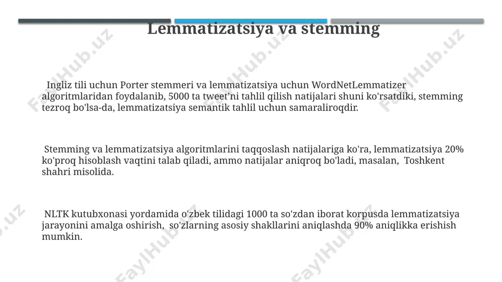 lish, lemmatizatsiya, stemmatizatsiya, sintaksis tahlili kabi vazifalarni bajarish uchun 500 dan ortiq algoritm va ma'lumotlar to'plamlarini taklif etadi, masalan, wordnet kabi lug'atlarni o'z ichiga oladi. matnni oldindan qayta ishlash matnni oldindan qayta ishlashda, 3 grammatik xususiyatni (fe'l, ot, sifat) aniqlash uchun nltk ning "pos_tag" funksiyasi samarqand viloyatidan olingan 100 ta tweetda ishlatilishi mumkin, bu esa matn tahlilini yaxshilaydi. nltk kutubxonasi yordamida matnni oldindan qayta ishlash jarayonida, masalan, 5000 ta so'zdan iborat toshkent shahridagi gazeta maqolasini tozalashda, to'xtash belgilarini olib tashlash va kichik harflarga o'tkazish kabi bosqichlar muhim ahamiyatga ega. nltk yordamida andijon viloyatidan olingan 20 ta turli xil matn namunalarini oldindan qayta ishlashda, lemmatizatsiya va stemming kabi texnikalarni qo'llash orqali, lug'atdagi 1500 ta so'zni hisobga olgan holda, matnni samarali tarzda soddalashtirish mumkin. e'tiboringiz uchun rahmat @taqdimot_robot image1.jpeg