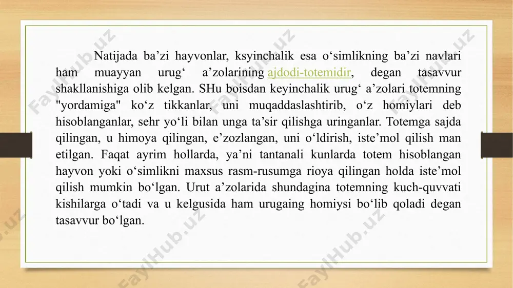 llantirish, predmet va hodisalar xususiyatlarini chuqur o‘rganish, jon va ruxlarning tirik odamlar singari qobiliyatga ega degan fikrlar paydo bo‘lishi munosabati bilan tarkib topgan. shu davrda jonning o‘lmasligi haqidagi tasavvur paydo bo‘lgan. chunki qadimgi odamlar o‘z tanalarining tuzilishi to‘g‘risida to‘liq bir tushunchaga ega bo‘lmay, hatgoki uyqu va tush ko‘rishining sabablarini ham izohlay olmaganlar. shundan so‘ng ibtidoiy odamlar inson tanasini boshqaradigan qandaydir alohida bir kuch bo‘lib, odam o‘lgandan so‘ng u kuch, ya’ni jon tanadan chiqib ketadi degan tasavvur hosil bo‘lgan. natijada jonning tanani tark etgandan keyingi faoliyati qanday kechishi haqida o‘ylay boshlaganlar. ibtidoiy odamlar o‘zlarini tabiatdan ajratib qo‘ymaganlar. shuning uchun ular o‘zlari bilan bir qatorda hayvon, o‘simlik, hatto mehnat qurollari, keyinchalik, suv, o‘rmon, momaqaldiroq va boshqalarda ham jon bor, degan tasavvurlarni keltirib chiqarganlar. buni fanda gilozoizm deb ataydilar. jon va ruxdarga ishonish barcha dinlarga xosdir. dindorlarning fikricha, jon barcha kishilarda bo‘lib, xudo eng oliy ruh hisoblanadi. odam o‘lgandan so‘ng tanadan chiqib ketadigan …
