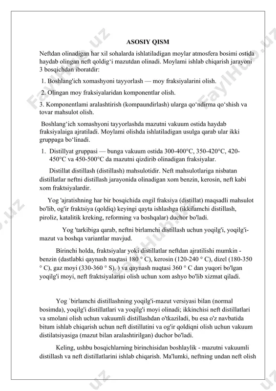 n mos bo'lgan avt vakuum kolonkasida yog' distillatlari va qoldiq - smola olinadi, odatda ikkita moy distillati olinadi: past viskoziteli neft distillati (mdm), fraktsiyasi 350-420 ° s; yuqori viskoziteli neft distillati (mdv), fraktsiyasi 420-500 ° s; qolgan qismi 500 °c dan yuqori qaynayotgan smoladir. yaqinda ular neftning keng qismini (sf) olishni boshladilar, ular bir qator tozalashlardan so'ng 2-3 tor fraktsiyalarga bo'linadi. neft ishlab chiqarishning ikkinchi bosqichi - tozalangan asosiy moylar-komponentlarni ishlab chiqarish. ularni ishlab chiqarish texnologiyasi bir qator jarayonlarni o'z ichiga oladi, ularning maqsadi quyidagilar: 1-qattiq asfaltenlarni smoladan propan bilan olib tashlash; 2-uglevodorod guruhlari va neftda mavjudligi istalmagan birikmalarni (asfalt-qatronli birikmalar, past yopishqoqlik indeksiga ega polisiklik aromatik uglevodorodlar va qattiq parafinli uglevodorodlar) olib tashlash; 3-yog'ni gidrotozalash yoki kontaktdan keyingi ishlov berish keng fraksiyani tozalash ketma-ketligi rasmda nuqta chiziq bilan ko'rsatilgan va uning oxirida (aralashdan oldin) yog'larni past yopishqoqlik, o'rta yopishqoqlik va yuqori yopishqoqlikka (mvm, svm) fraksiyalash uchun o'rnatish mavjud. va …