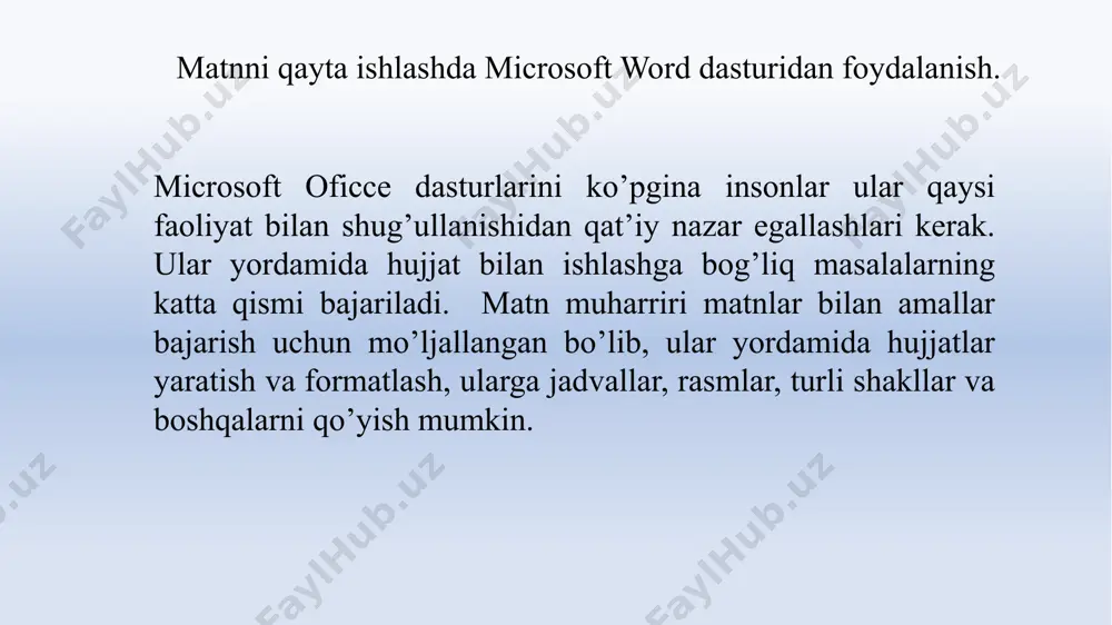 'liq ishga tushirish taqdimot ustida bir oz ishni bajarganingizdan so'ng, uning sifatini vizual ravishda baholashingiz kerak. buning uchun siz f5 tugmasi yoki asboblar panelidagi "slayd-shou" yorlig'i yordamida taqdimotni to'liq ekran rejimida ochishingiz va klaviaturadagi strelkalar yordamida slaydlar o'rtasida harakatlanishingiz mumkin. microsoft access dasturining maqsadi zamonaviy kompyuterlar turli xil ma'lumotlarni saqlashi mumkin: yozuvlar, hujjatlar, grafikalar, ovoz va video yozuvlar, ilmiy va boshqa ma'lumotlarni turli formatlarda. har qanday ob'ektlar, jarayonlar, hodisalar yoki hodisalar to'g'risidagi ma'lumotlarning ushbu to'plamning istalgan qismini osongina tasvirlash mumkin bo'lgan tarzda tashkil etilgan to'plami ma'lumotlar bazasi deb ataladi. ma'lumotlarni saqlash, olish, tahlil qilish va vizualizatsiya qilish vazifalari odatda ma'lumotlarni boshqarish deb ataladi va bu muammolarni hal qilish uchun dasturlar ma'lumotlar bazasini boshqarish tizimlari (mbbt) deb ataladi. ma'lumotlarni tashkil etish modellarining uch turi mavjud: relyatsion, ierarxik va tarmoq. ma'lumotlarni taqdim etishning eng tabiiy usullaridan biri bu ikki o'lchovli jadvaldir. boshqa tomondan, ma'lumotlar o'rtasidagi munosabatlar ikki o'lchovli jadvallar shaklida ham ifodalanishi …