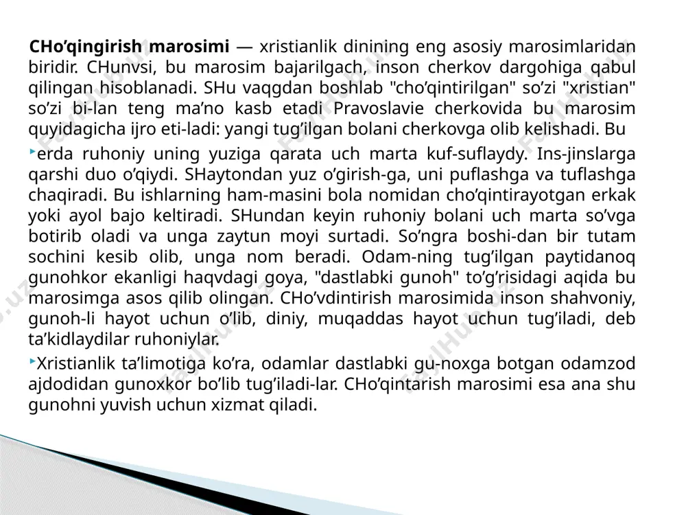 asini olishlari nazarda tu-tiladi. shu orqali inson xudoning marhamatiga erishgan hisoblanadi. xudoning o’zi odamlarning nikoh ittifoqi-ni himoya qiladi. ayni paytda, bu nikoh marosimini o’tkaz-may turib chrshakam axloqiy, oilaviy munosabatlarsh1ng bo’li-shi mumkin emas, deb ta’lim beriladi. pasxa bayrami — bu salbga tortilgan iususning mo’ьjizaviy tirilshii xotirasiga bag’ishlangan bayramdir. pasxani bayram qilish kunini anikdash maqsa-dida maxsus jadval (pasxaliya) tuzib chiqilgan. bundan maq-sad xristianlar pasxasini nishonlash vaqtining yahudiy-lar pasxasi nishonlash vaqtiga to’g’ri kelib qolishining oldini olish edi. pasxadan oldin ehtirosli hafta deb ataladigan hafta keladi. bu — iusus chekkan mashakqatlar va uning o’limini xotirlashga bag’ishlangan haftadir. bu hafta davomida qavm-lar ro’za tutadilar. zo’r berib toat-ibodat qiladilar. undan keyin, bir hafta davomida pasxa bayrami boshlanadi. pas-xa bayrami xaloskor iususning tirilishini tilovchi ibo-dat o’qish bilan boshlanadi. pasxa vaqgida ruhoniylar tantana bilan bir-birimizni kuchoklab o’pishaylik, bizni yomon ko’rganlarni kechiraylik, deb dindorlarga murojaat qila-dilar. isoning tug’ilishi bayrami (rojdestvo xristovo) — iusus tug’ilgan kuni (rrjdestvo) cherkov hayoti va …