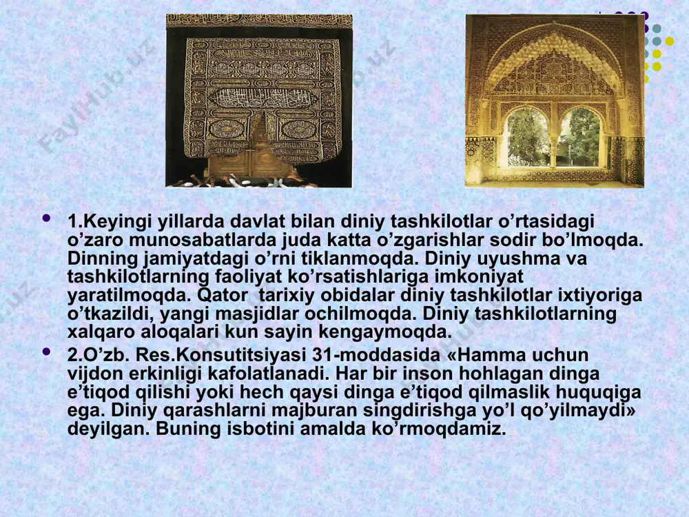 imkon bergan edi». mitz nomli ustoz islom muruvvati haqida quyidagi guvohlikni beradi: «o’rta asrlarda islom mamlakati bilan xristian ovruposi orasidagi farq shundan iborat ediki, birinchisida islomdan boshqa ko’pgina dinlarning vakillari ham bemalol yashar edilar, ikkinchisida esa unday emas edi. islom mamlakatida kanisa va senogoklar hukumat ixtiyoridan tashqarida davr surar edi, xuddi bu mamlakatda emasdek. bu borada ular ahdnomalarda ko’rsatilganidek huquqdan to’la foydalanar edilar. zarurat yuzasidan yahudiy va xristianlar musulmonlar bilan yonma-yon yashadilar. bu holat o’rta asrlarda ovrupo bilmagan muruvvatni yuzaga keltirdi. yahudiy va xristianlar o’z dinlarida hur edilar». islomda ilm-fan va madaniyat tarixda, shu jumladan, g`arblik tarixchilarning guvohliklari bilan avvalgi musulmonlar er yuzida tarqalib, xalqlarga islom da’vatini etkazganlar. shu bilan bir vaqtda o’sha erdagi o’zlari uchratgan ilm-fan, madaniyat va san’atni o’rganganlar. ularning ilmga bo’lgan qiziqishi shu narsalar yozib qoldirilgan manbalardan o’rganishga undagan. musulmonlar o’zlari kirib borgan yurtlardagi ilmiy kitoblarni boshqalarga o’xshab yo’q qilib kuydirib yubormanglar, balki ularni to’plab, katta-katta ilmiy …