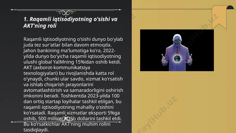 ilaydi. ... t.me/slaydai_bot ma'lumotlar analitikasi raqamli iqtisodiyotning o'sishida muhim rol o'ynaydi. tadqiqotlarga ko'ra, ma'lumotlar boshqaruvi va tahlili global iqtisodiyotga har yili 10 trillion dollardan ortiq hissani qo'shishi kutilmoqda. 2020 yilda statistik ma'lumotlar ko'rsatganidek, raqamli ma'lumotlar bazalari bilan ishlaydigan kompaniyalar daromadlarini 5-10% ga oshirishlari mumkin. shuningdek, ma'lumotlar analitikasi biznes operatsiyalarida 25% ga qadar samaradorlikni yaxshilab, xarajatlarni kamaytirishga imkon beradi. mckinsey global institute bergan ma'lumotlarga ko'ra, ma'lumotlar analitikasiga sarmoya kiritgan tashkilotlar raqobatbardoshlikni sezilarli ravishda oshiradi. ... t.me/slaydai_bot 7. bulutli texnologiyalar va raqamli biznes bulutli texnologiyalar va raqamli biznes o'lchamlari har yili ortib bormoqda. 2023 yilda, global bulutli hisoblash bozori hajmi 600 milliard aqsh dollaridan oshdi. ushbu texnologiyalar orqali kompaniyalar ma'lumotlarini xavfsiz saqlash, tezkor ishlov berish va samaradorlikni oshirish imkoniyatiga ega. raqamli biznes sohasida, elektron tijorat savdolari hajmi 2023 yilda 5 trillion dollardan oshdi. bulutli xizmatlar kompaniyalarga it xarajatlarini kamaytirishga yordam beradi, bu orqali ular raqobatda ustunlikka erishadi. o'zbekistonda ham bulutli texnologiyalardan foydalanish …