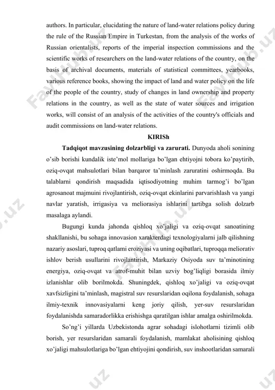 suv inshootlaridan samarali foydalanish, yerlarning meliorativ holatini yaxshilash, logistika, marketing xizmatlarini rivojlantirish hamda yer-suv resurslaridan foydalanishda ilm-fan yutuqlarini samarali qo’llashga alohida e’tibor qaratildi. zero, “mavjud resurs va imkoniyatlardan oqilona foydalanib, aholini qishloq xo’jalik mahsulotlari bilan kafolatli ta’minlash, sohada ish o’rinlari yaratish, manfaatdorlikni yanada oshirish, ilg’or yondashuvlarni joriy etish eng muhim masalaga aylanmoqda”[footnoteref:1]. [1: шавкат мирзиёев ўзбекистон қишлок хўжалиги ходимларига табрик йўллади // http://х8.и2/и2кг/ро8уо2ьек181оп-д18111од-к110211аи£1-к11осйт1аг1еа-1:аьг1к] amalga oshirilayotgan islohotlar jarayonida o’lkamizdagi yer-suv munosabatlarining shakllanishi, yer egaligi va mulkchilikdagi o’zgarishlar, suv manbalari va irrigasiya ishlarining holatini tarixiy nuqtai nazardan tahlil qilish dolzarb masalalardan hisoblanadi. o’zbekiston respublikasi prezidentining 2017 yil 7 fevraldagi pf-4947-sonli “2017-2021 yillarda o’zbekiston respublikasini rivojlantirishning beshta ustuvor yo’nalishi bo’yicha harakatlar strategiyasi to’g’risida”, 2019 yil 17 iyundagi pf-5742-sonli “qishloq xo’jaligida yer va suv resurslaridan samarali foydalanish chora-tadbirlari to’g’risida”, 2020 yil.10 iyuldagi pf-6024-sonli “o’zbekiston respublikasi suv xo’jaligini rivojlantirishning 2020-2030 yillarga mo’ljallangan konsepsiyasini tasdiqlash to’g’risida”gi farmonlari, 2019 yil 9 oktyabrdagi pq-4486-sonli “suv resurslarini boshqarish tizimini …