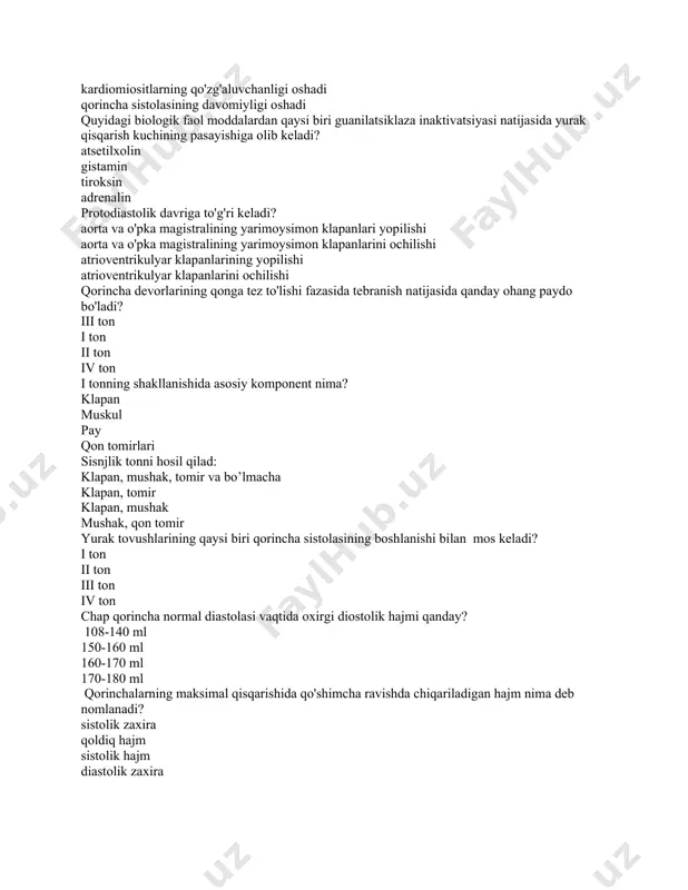 ton iii ton iv ton chap qorincha normal diastolasi vaqtida oxirgi diostolik hajmi qanday? 108-140 ml 150-160 ml 160-170 ml 170-180 ml qorinchalarning maksimal qisqarishida qo'shimcha ravishda chiqariladigan hajm nima deb nomlanadi? sistolik zaxira qoldiq hajm sistolik hajm diastolik zaxira yurakning o’tkazuvchi tizimi qismlaridan qaysi biri atrioventrikulyar tugunni chetlab o'tib, impuls o'tkazadi? jeyms tolalari bachmann tolalari torel tolalari venchkebach tolalari elektrokardiogrammaning qaysi segmentida sinoatrial tugunidan atrioventrikulyar tugunga qo'zg'alishning o'tkazilishi ko'rsatilgan? p-q segmenti s - t segmenti s - t oralig'i q-t oralig’i qanday ekg o'tkazgichlarida manfiy p tishchani normada qayd etish mumkin? avl, v1, iii standartlari avl, v5, ii standartlari avf, v3, i standartlari avr, v5, iii standartlari asteniklar uchun yurakning elektr o’qi qanday? vertikal gorizontal chapga og’gan o’ngga og’gan