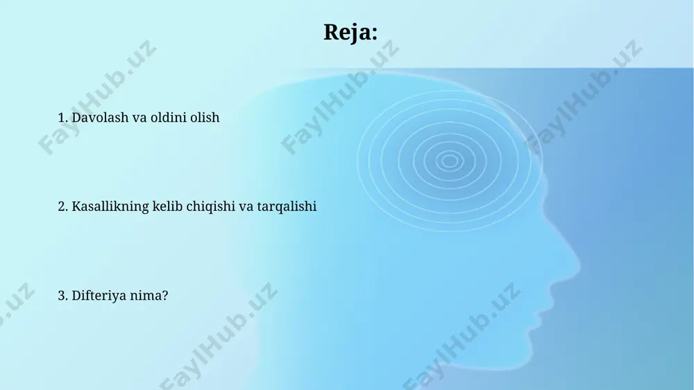 ida miokardit yuz beradi, bu yurak mushagining yallig'lanishi bo'lib, aritmiya va yurak yetishmovchiligiga olib kelishi mumkin. kasallikning sababi bakteriyalar odam organizmiga yuqumli bemor bilan yaqin aloqada boʻlish yoki ifloslangan havo orqali yuqadi, inkubatsion davri 2 dan 5 kungacha davom etadi. difteriya kasalligini corynebacterium diphtheriae bakteriyalari keltirib chiqaradi, ularning 16 ta serotipi mavjud boʻlib, ularning toxigenik shtammlari kasallikni qoʻzgʻatadi. kasallik belgilari kasallikning dastlabki bosqichida tomoqda oqish-kulrang parda hosil bo'lishi mumkin, bu esa nafas olishni qiyinlashtirishi mumkin. bu parda bakteriyalar toksinlarining ta'siri natijasida yuzaga keladi. difteriya bilan kasallangan bemorlarda 2-5 kun ichida tomoq og'rig'i, yuqori tana harorati (38-40°c) va bo'yin limfa tugunlarining shishishi kuzatiladi. prognoz kasallikning og'irligi va bemorning immun tizimining holati prognozni sezilarli darajada belgilaydi; yuqori harorat va toksik ta'sirlar prognozni yomonlashtiradi. antitoksin terapiyasi va qo'shimcha antibiotiklar bilan davolash o'lim xavfini sezilarli darajada kamaytirib, 90% dan ortiq bemorlarda to'liq tiklanishga olib keladi. davolash usullari difteriya toksoidi bilan immunizatsiya, kasallikning oldini olishda …