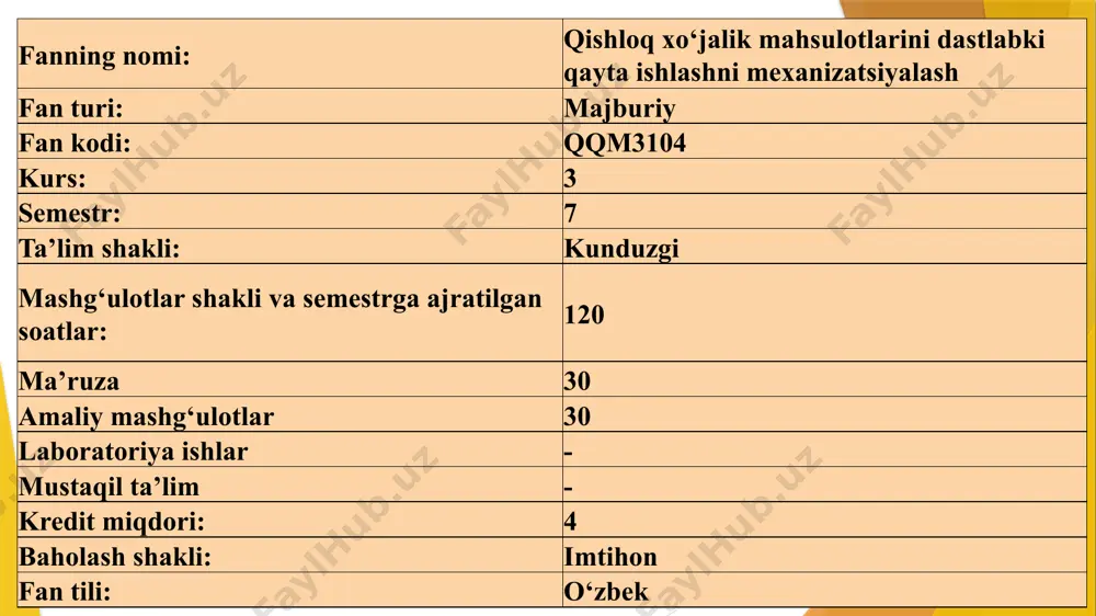 t), ichki bozorda sotiladimi, buni aniq rejalashtirish kerak. agar ishlab chiqariladigan mahsulot eksport qilinadigan bo‘lsa, sotib oluvchi davlatning standart talablariga to‘liq javob berishi, shuningdek, mahsulot ham narx jihatdan, ham sifat jihatdan raqobatbardosh bo‘lishi lozim. bu omillar ichki bozorga mahsulot sotishda ham muhim omil hisoblanadi. aks holda qayta ishlovchi faqat ombor uchun mahsulot ishlab chiqaradi va kutgan natijasiga erishmaydi. agrar soha mahsulotlarini yetishtirish, saqlash va dastlabki ishlov berishdagi teхnologik jarayonlarni zamonaviy, energiya tejamkor bo‘lgan teхnik vositalar, jihoz va qurilmalar tizimidan samarali foydalanish asosida bajarishga va mahsulot tannarxi qismidagi mablagʼ harajatlarini kamaytirishga erishishdir. fanning oʻqitishdan asosiy maqsad - qishloq хo‘jalik mahsulotlarini tayyorlash teхnologik jarayonlari, vositalari va energetikasining turlari, meхanizatsiyalashgan ishlarni bajarishda qo‘llaniladigan energetic vosita вa ishchi mashinalarining tuzilishi, ularni teхnik va ergonomik ko‘rsatgichlarini o‘rganish hamda ularni tanlash va ishga tayyorlash; yetishtirilgan mahsulotlarni yig‘ib-terib olish, dastlabki ishlov berish hamda saqlash teхnologiyalari va mashinalarining tuzilishi va ishjarayonlari bilan tanishish, agregatlarni tuzish va ulardan samarali …