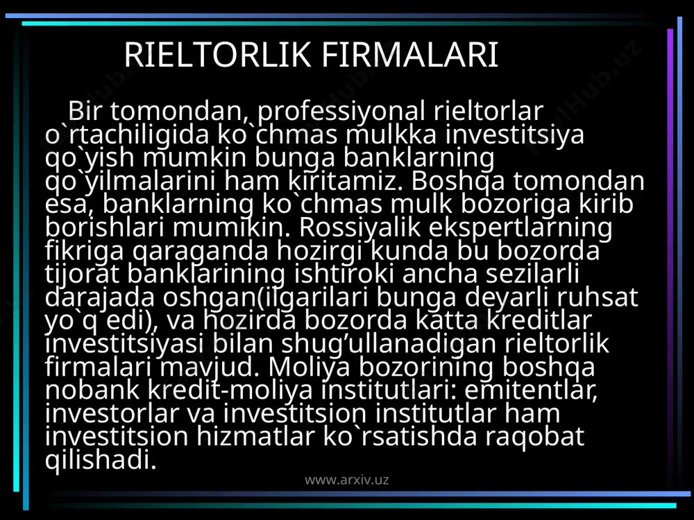 xiv.uz www.arxiv.uz moliyaviy brokerlar va investitsion kolsuntantlar moliyaviy brokerlar mijozning hisobiga uning topshirig’iga yoki kelishilgan komissiya va topshiriqga ko`ra qimmatli qog’ozlarni sotish-sotib olishda o`rtachilik (agentlik) vazifasini bajaradi.davlat mulkini keng miqyosda xususiylashtirish paytida ko`plab moliyaviy brokerlar eng katta miqyosdagi investorlar bilan ishlashga erishishadi. investitsion kolsutantlarning faoliyati qimmatli qog’ozlar chiqarish va u bilan muomala qilishga doir konsultatsiyalar berish bilan chegaralanadi. qonunchilikka ko`ra, investitsion institutlar o`z faolliyatlarini tijorat banklarining qimmatli qog’ozlar chiqarish va muomala qilishga doir bitta turdagi hizmatlari bilan shug’ullanishi mumkin. www.arxiv.uz www.arxiv.uz investitsion kompaniyalar investitsion kompaniyalar bir qancha kengroq faoliyat hududiga ega. uning tarkibiga: qimmatli qog’ozlar chiqarish tashkilotlari va ularni uchinchi shaxsning hisobiga o`tkazishga garant berish, qimmatli qo`g’ozlarni sotish-sotib olish (aniq bir qimmatli qog’ozlari haqida “stuvchi bahosi” va “xaridor bahosi” larni e’lon qilish, qaysikim investitsion kompaniya uni sotish yoki sotib olish haqida o`z zimmasiga olgan.) kiradi. www.arxiv.uz www.arxiv.uz investitsion fondlar investitsion fondlar, ya’ni moliyaviy institutlar, aksiya emissiya qilib kichik investorlarni top`laydi …