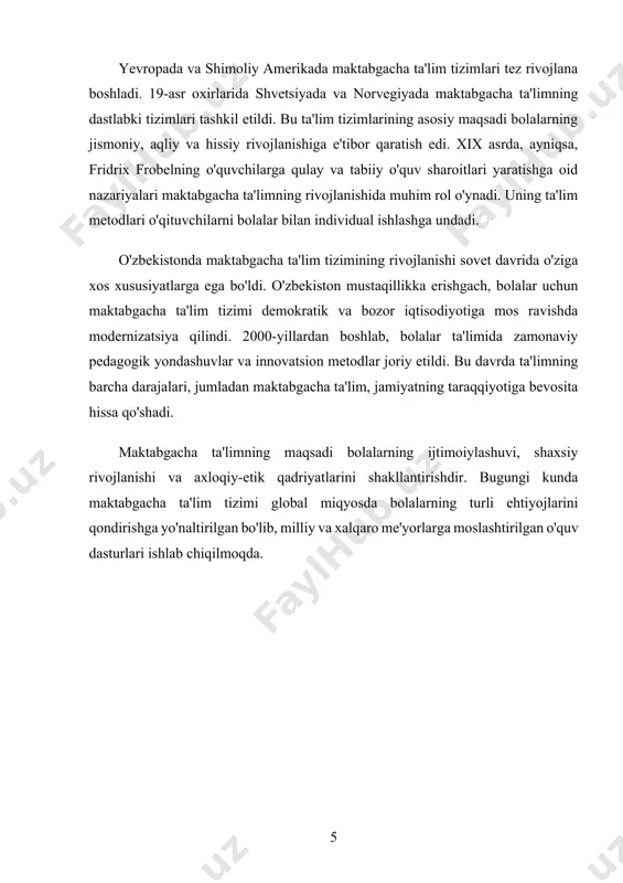 ta'limning asosiy yo'nalishlaridan biri — bolalarning ijtimoiy-emotsional va intellektual rivojlanishiga alohida e'tibor qaratish. pedagoglar bolalarga jamoada ishlash, boshqalar bilan muloqot qilish, empatiya va o'zini anglash qobiliyatlarini rivojlantirishga urg'u bermoqda. bu jarayon maktabgacha ta'limning asosiy vazifalaridan biri sifatida qaralmoqda. shuningdek, maktabgacha ta'limda o'qituvchilar uchun professional rivojlanishning ahamiyati oshmoqda. pedagoglarning tajribasi va bilimlarini doimiy yangilab borish, ularning pedagogik metodlarini takomillashtirish va zamonaviy texnologiyalardan samarali foydalanish uchun turli treninglar va seminarlar o'tkazilmoqda. raqamli texnologiyalarni maktabgacha ta'limda qo'llash esa o'zgarishlarning yana bir muhim yo'nalishidir. mobil ilovalar, o'quv dasturlari, onlayn o'quv resurslari va interaktiv o'quv platformalari bolalarning o'rganish jarayonini qiziqarli va samarali qilishga yordam beradi. bu bolalarning ijodkorlik va mantiqiy fikrlash qobiliyatlarini rivojlantirishga yordam beradigan vositalar hisoblanadi. bundan tashqari, maktabgacha ta'limni yanada samarali qilish uchun inkluziv ta'limga alohida e'tibor qaratilmoqda. bu nafaqat nogiron bolalar uchun, balki turli ehtiyojlari bo'lgan barcha bolalar uchun teng imkoniyatlar yaratishga yo'naltirilgan. inkluziv ta'lim usullari bolalarning ijtimoiy va psixologik holatini yaxshilashda …