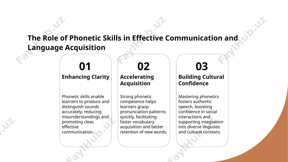 and demonstrating professionalism, thereby fostering trust in multilingual interactions. 02 credibility through accuracy accurate pronunciation signals language proficiency, reinforcing credibility and encouraging confidence among speakers from diverse cultural backgrounds. 03 enhancing cross-cultural relations consistent phonetic accuracy facilitates smoother communication, bridging cultural gaps, and strengthening relationships in international and multicultural settings. conclusions mastering phonetics boosts communication skills developing strong phonetic skills significantly improves clarity, reduces misunderstandings, and enhances overall communication in diverse social and professional settings. cultural awareness elevates pronunciation and confidence incorporating cultural nuances into pronunciation practice fosters authenticity, boosts confidence, and promotes better integration, respect, and understanding across different communities. practical exercises ensure long-term fluency engaging in articulatory techniques, shadowing, and minimal pairs builds muscle memory, ensuring pronunciation accuracy, fluency, and sustained improvement over time. references 1. ladefoged, p., & johnson, k. (2014). a course in phonetics. cengage learning. 2. gimson, a. c. (2014). an introduction to the pronunciation …