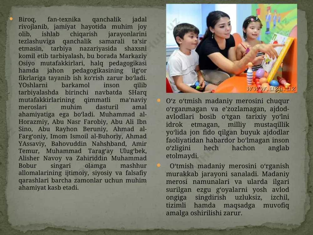 m o‘rin tutuvchi ma’naviy va ahlohiy poklik, iymon, insof, diyonat, or-nomus, mehr-oqibat, keksalarga hurmat singari insoniy fazilatlar o‘z-o‘zidan shakllanmaydi. barchasining asosida yosh avlodga oila, umumiy o‘rta, o‘rta maxsus, kasb-hunar hamda oliy ta’lim tizimida amalga oshirilayotgan ta’lim-tarbiya mazmuni, g‘oyaviy yo‘nalishi va samarasi yotadi. o‘sib kelayotgan yosh avlodning zamon talablariga mos, barkamol inson bo‘lib shakllanishlari uchun ijtimoiy tarbiyaning muhim tarkibiy qismlari – aqliy, ma’naviy-axloqiy, jismoniy, mehnat, estetik, huquqiy, ekologik, iqtisodiy hamda jinsiy tarbiyani tashkil etishga nisbatan yangicha nuqtai nazardan yondashish, ularning samarali yo‘llarini ishlab chiqish alohida dolzarblik kasb etadi. bu esa tarbiyadagi eng muhim vazifalardir. tarbiya mazmuni. aqliy tarbiya – shaxsga tabiat va jamiyat taraqqiyoti to‘g‘risidagi bilim asoslarini berish, uning aqliy (bilish) qobiliyati, tafakkurini shakllantirishga yo‘naltirilgan pedagogik faoliyat jarayoni bo‘lib, shaxs tomonidan tabiat, jamiyat, shuningdek, inson tafakkuri haqidagi bilimlarni o‘zlashtirish, unda ilmiy dunyoqarashni shakllantiradi. aqliy tarbiya yuksak ma’naviy va axloqiy sifatlarga ega shaxsni tarbiyalashda etakchi o‘rin tutadi. bilimlar tizimini ongli ravishda o‘zlashtirish …