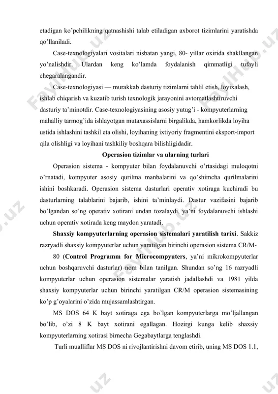 cha izohlasak bu boshqaruv dasturidir. os bu kompyuterning fizik va dasturiy resurslarini taqsimlash va ularni boshqarish uchun ishlatiladigan dastur. kompyuter resurslari ikki xil: fizik va dasturiy resurslarga bо’linadi. fizik resurslar bu: · xotira, · vinchester, · monitor, · tashqi qurilmalar, · va shu kabilar kiradi. dasturiy resurslar bu: · kiritish va chiqarishni boshqaruvchi dasturlar, · kompyuter ishlashini taminlaydigan boshqaruvchi dasturlar, · berilganlarni taxlil qiluvchi dasturlar, · drayverlar, · virtual ichki va tashqi xotirani tashkil qiluvchi va boshqaruvchi dasturlar, - va shu kabilardir. dasturlash sistemasi-dasturlash tillari va ularga mos til prosessorlari majmuasidan iborat bо’lib, dasturlarga ishlov berish va sozlashni taminlovchi dasturlar tо’plamidan iborat. dasturlash sistemasining tashkil qiluvchilar (dasturlar) amaliy dasturlar tо’plami singari os boshqaruvi ostida ishlaydi. kompyuter resurslari os boshqaruvi ostida bо’ladi. os ga ehtiyoj resurslar taqsimoti va ularni boshqarish masalasi zaruriyatidan kelib chiqadi. resurslarni boshqarishdan maqsad foydalanuvchiga kompyuterdan effektiv foydalanish bilan birga resurslarni boshqarish tashvishidan ozod qilish. os quyidagi xususiyatlarga …