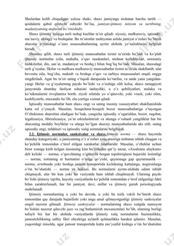 egizaklardagi musiqaga moyillikning korrelyasion ko’rsatgichi ham yuqori bo’lib (p = 0,7), egizak bo’lmaganlardan ancha farq qiladi (p = 0,3 — 0,4). galtondan keyingi tadqiqotlarda musiqaga bo’lgan qobiliyatga ona tilining xususiyati ta’sir qilishi aniqlandi: yumshoq-tonal yoki keskir (qo’pol) — tonal bo’lmagan tillar. masalan, keskinroq hisoblangan rus tilida gapiruvchi bolalardagi musiqani idrok qilish yumshoq, tonal tillarda so’zlashuvchi vetnamliklarning idrokidan ancha past chiqqan. lekin yuqoridagi fikrlar va tortishuvlarning kelib chiqish sababi tushunarli bo’lishi kerak: ular insonning asl mohiyatini tushunish va uning xulqini boshqarish ehtiyojlaridan kelib chiqadi. demak, inson jamiyat a’zosi sifatida uning normalariga bo’ysunadi, uning kutishlariga javob berishga xarakat qiladi va o’z xulqini uning talablariga monand qilishga intiladi. shu nuqtai nazardan kelib chiqib, shaxs fenomeniga ta’rif berish mumkin. sh a x s — ijtimoiy va shaxslararo munosabatlarning mahsuli, ongli faoliyatning subyekti bo’lmish individdir. shaxsga taaluqli bo’lgan eng muhim tasnif ham uning jamiyatdagi murakkab ijtimoiy munosabatlarga bevosita aloqadorlik, ijtimoiy faoliyatga nisbatan ham obyekt, ham …