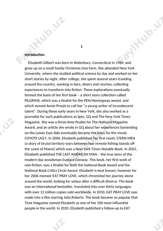 us and purely-imagined work of (gilbert’s) twenty-year career.” the signature of all things was a new york times bestseller, and janet maslin called it “engrossing…vibrant and hot-blooded.” the novel was named a best book of 2013 by the new york times, o magazine, the washington post, the chicago tribune, and the new yorker.” in 2015, she published big magic: creative living beyond fear—a book that encapsulates the joyful spirit of adventure and permission that elizabeth has always brought to her work and to her life. elizabeth divides her time between new york city, rural new jersey, and everywhere else. 3 1.elizabeth gilbert and her life. elizabeth gilbert was born in 1969 in waterbury, connecticut to nurse carole and chemical engineer john. she has an older sister named catherine. when gilbert was four, the family purchased a christmas tree farm in litchfield. living in the country without neighbors or even a …