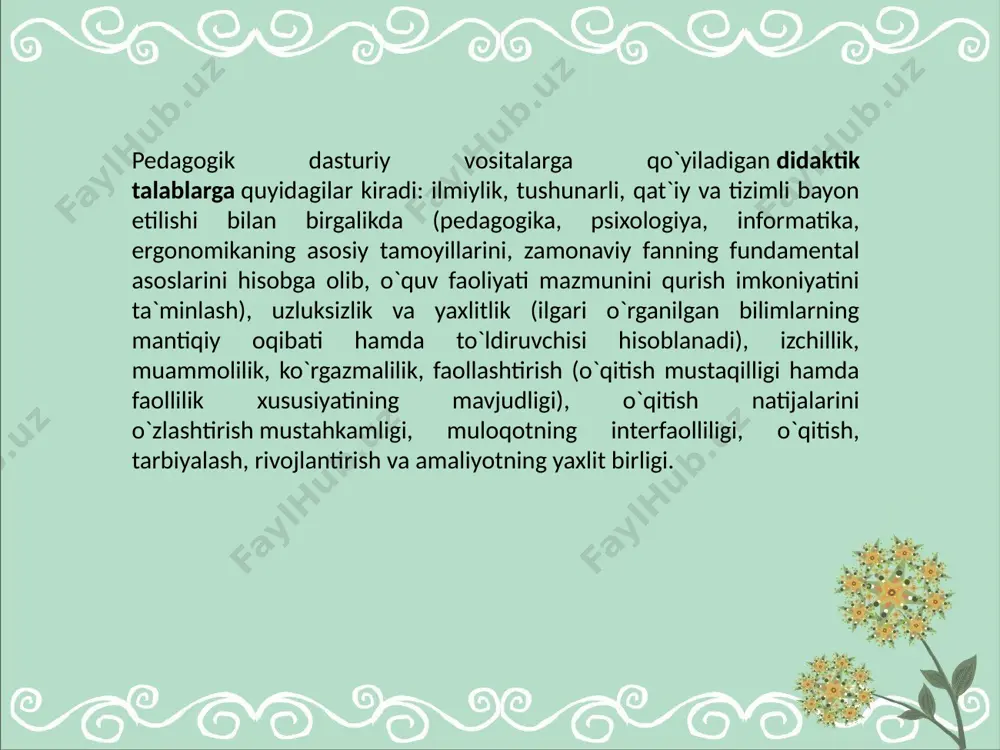 aktiv dasturiy vositalar yordamida asosli loyihalash ilmiy ta’lim va ilmiy tayyorgarlikni muvofiqlashtirish, talabalarning ilmiy tadqiqotchilik imkoniyatlarini rivojlantirish darajasini orttirishga ijobiy ta’sir ko‘rsatadi. interaktiv dasturiy vositalarni qo‘llash asnosida: -ta’lim oluvchilarning axborotlarni qabul qilish va qo‘llash malakalari; -vizual ko‘rinishdagi verbal nusxalarni loyihalash ko‘nikmalari; -amaliy faoliyatida axborotlarni o‘ziga xos tushunish va qo‘llash imkoniyatlarini kengaytiradi; -jahon ommaviy axborot vositalari bilan erkin muloqotni ta’minlaydi image1.jpeg /docprops/thumbnail.jpeg