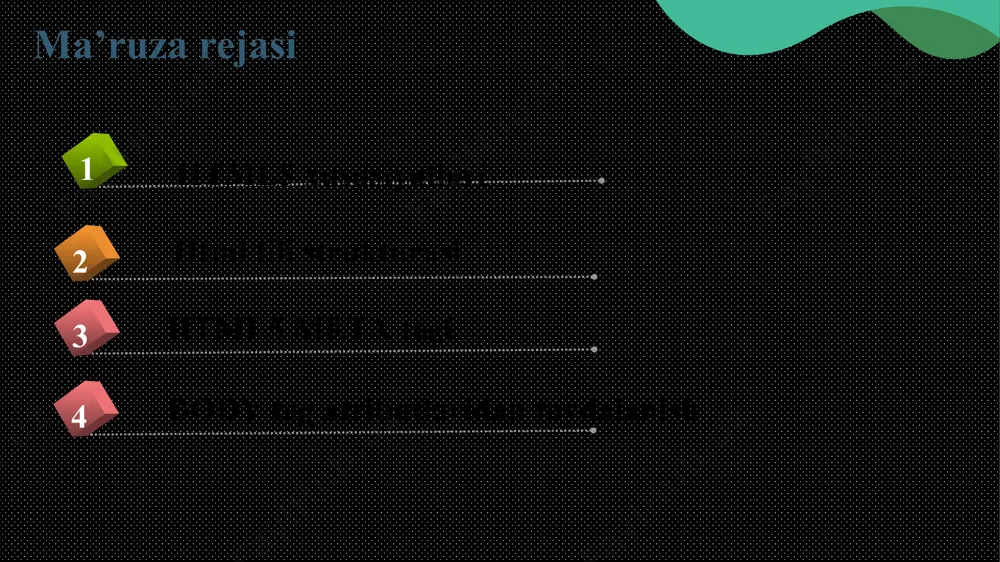 ga tushirish uchun zarur bo‘lgan barcha resurslar, boshqa fayllarning nusxasini saqlashga va web sql ma’lumotlar bazalari web-ilova ma’lumotlarining mahalliy nusxasini saqlashga imkon beradi. ular birgalikda tarmoqqa ulanish bo‘lmaganda ilovadan foydalanishni davom ettirishga imkon beradi va tarmoq yana mavjud bo‘lganda serverdagi asosiy versiya bilan o‘zgarishlarni sinxronlashtirishga imkon beradi. dasturlash 1 yangi html5 elementlari: 2. html tili strukturasi * dasturlash 1 html 4.0 versiyasiga qadar version parametri mavjud edi. html4.0da esa version o‘rniga parametri paydo bo‘ldi. va orasida 2 bo‘limdan tashkil topishi mumkin bo‘lgan hujjatning o‘zi joylashadi. mazkur hujjatning birinchi bo‘limi sarlavhalar bo‘limi ( va ), ikkinchi bo‘lim esa hujjat tana qismidir ( va ), uni hujjat tanasi ham deb yuritamiz. * dasturlash 1 har qanday web sahifa ikkita qismdan tashkil topadi. bular sarlavha qismi va asosiy qism. sarlavha qismida web sahifa haqidagi malumot joylashadi, asosiy qismda esa web sahifaning mazmuni bilan tasvirlanish qoidalari joylashadi. sarlavha qismi quyidagi ochiluvchi va yopiluvchi teglari …