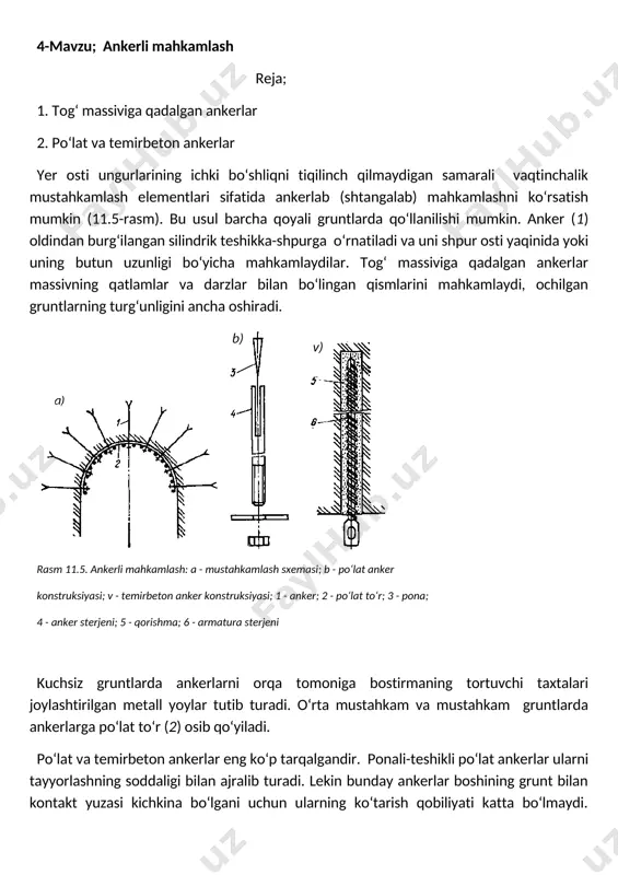 sodda temirbeton anker (11.5,v-rasm) qorishma to‘ldirilgan shpurga po‘lat sterjenni kirgizish orqali xosil bo‘ladi. ungurning tom qismidagi shpurlarni qorishma bilan sifatli to‘ldirish ancha qiyindir, shuning uchun ham to‘ldiriluvchi ankerlar gruntni mahkamlash uchun ungurning devorlari va ostki qismida ishlatiladi. perforlangan temirbeton ankerlar ko‘proq universal hisoblanadi. ularda qorishma yuzasida tekis tarqalgan teshiklari bo‘lgan (perforlangan), ichi bo‘sh, tunukadan bo‘lgan silindrga solinadi. qorishmasi bor perforlangan silindr shpurga joylashtirilgandan so‘ng silindr ichiga po‘lat sterjen kirgiziladi. po‘lat sterjen teshiklardan qorishmani siqib chiqaradi va bu qorishma shpur devori va silindr orasidagi bo‘shliqni to‘ldiradi. oxirgi paytlarda sterjenni shpurda mahkamlash uchun, polimer materiallar qo‘llaniladi. bunda anker sterjeni uchiga ichida alohida-alohida epoksid smola va qotiruvchisi bo‘lgan ampula mahkamlanadi. ampula sterjen bilan shpurning tagiga bosiladi va undagi tarkib sterjenni buralishi hisobiga bir-biriga qo‘shilib ketadi. smola qotgandan so‘ng anker grunt massiviga ishonchli mahkamlanadi. ankerli mahkamlashning hisobi ankerlar uzunligini va ular orasidagi masofani (ankerlar qadamini) aniqlashga qaratilgandir. materiallarini o‘zlashtirish bo‘yicha nazorat savollari kuchsiz gruntlarda …