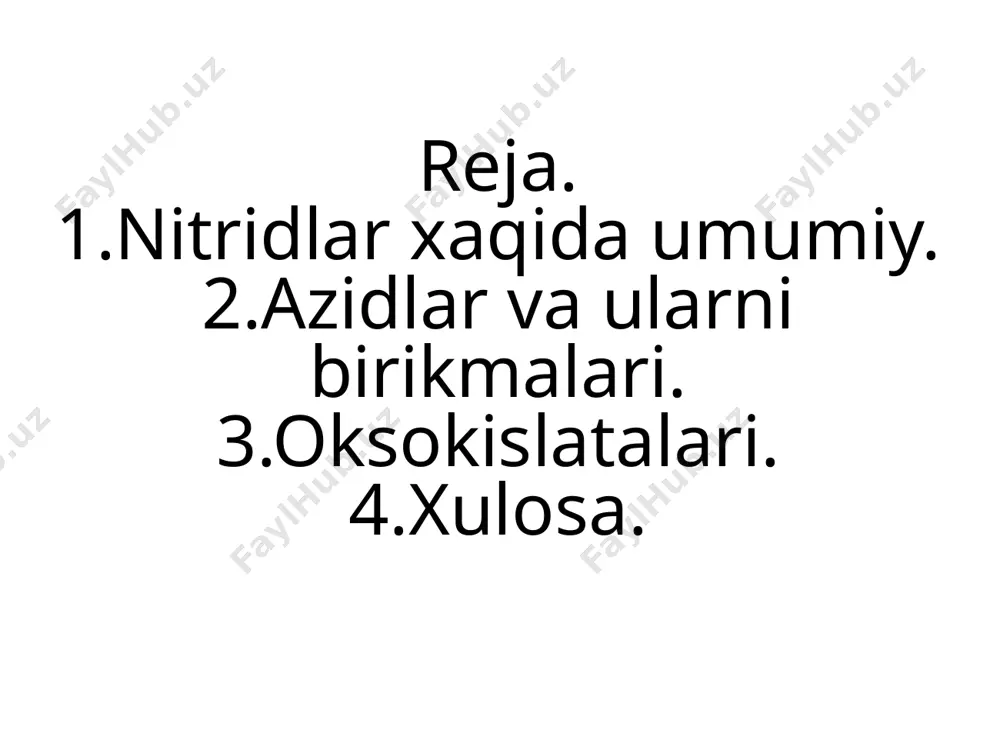 , suv bilan birikib, nitrat kislota (hno3) va nitrit kislota hosil qiladi. u kuchli oksidlovchi, raketaning suyuq yonilg'isini oksidlash, organik moddalarni nitrolash uchun ishlatiladi. azot qo'sh oksid n2o4 va azot (u)-oksid n2o5 – rangsiz kristall modda. amalda deyarli ishlatilmaydi. azot oksidlari fiziologik faol moddalardir. azot – rangsiz, hidsiz gaz; qaynash temperaturasi – 195,8°, suyuqlanish temperaturasi – 209,86°, 1 l azot 1,2506 g; 1 l suvda (0° da) 23,3 ml eriydi. odatdagi sharoitda azot nihoyatda passiv, faqat litiy bilan birikishi mumkin; boshqa elementlar bilan qizdirilganda, bosim taʼsirida va katalizatorlar ishtirokidagina birika oladi. vodorod bilan birikib, ammiak, gidrazin va boshqa birikmalar, kislorod bilan oksidlar, metallar bilan nitridlar hosil qiladi. azidlar. azidlar – kimyoviy birikmalar, tarkibida bir yoki bir necha – n3 guruhi bo'lgan azid kislota hosilalari. anorganik a.ga azid kislota tuzlari [mas, natriy azid nan3, qo'rg'oshin azid pb(n3)2], galogenazidlar (mas, xlor-azid c1n3) va boshqa kiradi. ko'pchilik anorganik a. yengil zarblanish yoki ishqalanish …