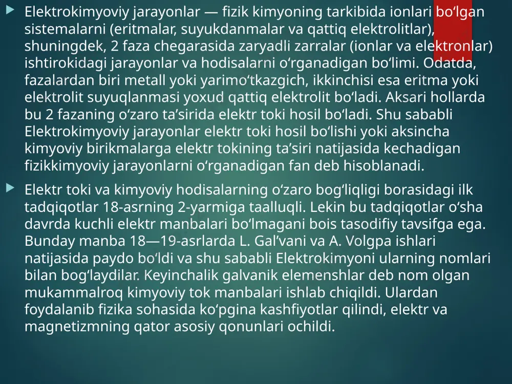 )da borib, ko’pchilik holatlarda reaksiya tezligi va uning borish va bormasligi ana shu elektrod xossasiga ham bog’liq bo’ladi. elektrokimyoning vujudga kelishi natijasida endilikda ko’pgina kimyoviy jarayonlarni elektr energiyasi yordamida amalga oshirish imkoniyati paydo bo’ldi. galvanik elementlar deb – oksidlanish–qaytarilish reaksiyalari natijasida kimyoviy energiyani elektr energiyasiga aylantirib beruvchi elektrokimyoviy sistemalarga aytiladi. galvanik elementlar boshqacha nom bilan kimyoviy tok manbalari ham deb aytiladi. birinchi yasalgan galvanik element daniel–yakobi elementi deyilib, u mis va rux elektrodlarining shu metallar tuzlari eritmalariga tushirilib yasalgan edi. mis va rux elektrodlar galvanometr orqali metall o’tkazgich bilan ulangan. elementda faol metall rux o’zining ionlarini eritmaga yuborib, elektrodda elektronlar ortiqchaligi vujudga keladi va rux anod vazifasini o’taydi. anod (–) zn – 2e → zn+2 mis nisbatan kam faol bo’lganligi tufayli ruxdagi elektronlar metall o’tkazgich orqali misga o’tib uning yuzasida eritmadagi mis ionlari qaytarilib, mis katod vazifasini bajaradi: katod (+) cu+2 + 2e → cu shunday qilib, tashqi o’tkazgich orqali …