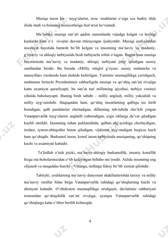 asida madaniyatni yanada rivojlanitirish kontseptsiyasini tasdiqlash to‘g‘risida 28-noyabr 2018-yilda prezidentimiz sh.mirziyoev tomonidan qaror qabul qilindi.[footnoteref:2] [2: oʼzbekiston respublikasi prezidenti sh.mirziyoevning karori // oʼzbekiston respublikasida milliy madaniyatni yanada rivojlanitirish kontseptsiyasini tasdiqlash toʼgʼrisida. pq-4038-son. 11. 28. 2018.] yuqoridagi fikrlardan ko‘rinib turibdiki, vatanparvarlik tarbiyasini shakllantirish masalasi asosiy falsafiy-ahloqiy, maʼnaviy-maʼrifiy burch va vazifa bo‘lib kelgan va shunday bo‘lib qoladi. zero, tarbiyasiz hech qanday rivojlanish va taraqqiyotni tasavvur qilib bo‘lmaydi. mustaqillikka erishgan o‘zbekiston respublikasi jahon hamjamiyati oldida o‘zining yuksak potentsial imkoniyatlarini namoyon qila boshladi. xalqaro arenada teng huquqli davlatlar o‘zbekiston o‘zining tarixan boy, sharqona betakror anʼanalar va madaniyatga yega bo‘lgan mamlakat ekanligini birin-ketin tan ola boshladilar. yoshlarga vatan insonni kindik qoni to‘kilgan muqaddas makon ekanligi, bizning vatandoshlarimiz jaxon adabiyoti durdonalariga o‘zlarinig yozgan asarlari, barpo etgan imortlari, asori atiqalari bilan bugungi kunda va xar doimdunyo axlini lol qoldigan bunday buyuk navqiron va bepoyon vatanni sevish ardoqlash xam farz xam qarz yekanligini taʼkidlab o‘tish lozim. ajdodlarimizdan estalik …