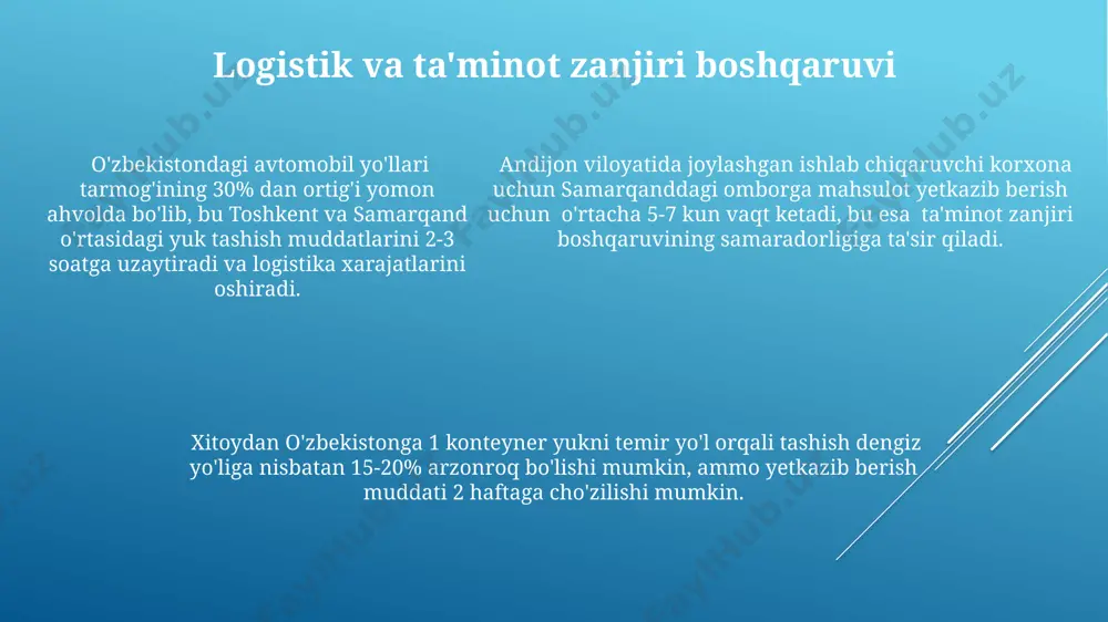 тишини кўрсатди. ekologik omillar va transport ta'siri тошкент шаҳридаги автомобиллар сони 2023 йилда 1 миллиондан ошди, бу эса транспорт тирбандлиги ва логистика харажатларининг ошишига, натижада ишлаб чиқариш жойлашувига салбий таъсир кўрсатди. ўзбекистоннинг андижон вилоятидаги пахта терими мавсумида юк ташиш харажатларининг 15% гача ошиши кузатилган, бу эса пахтани қайта ишлаш корхоналарининг жойлашувига таъсир кўрсатади. хитойдан ўзбекистонга темир йўл орқали юк ташиш муддати ўртача 14 кунни ташкил этади, бу эса етказиб бериш занжиридаги муддатларни ҳисобга олиб ишлаб чиқариш жойлашувини режалаштиришда муҳим омил ҳисобланади. e'tiboringiz uchun rahmat @taqdimot_robot