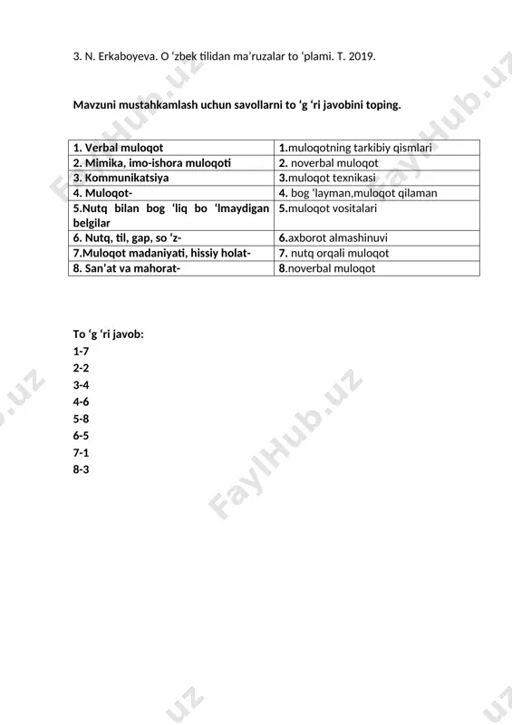 19. mavzuni mustahkamlash uchun savollarni to ‘g ‘ri javobini toping. 1. verbal muloqot 1.muloqotning tarkibiy qismlari 2. mimika, imo-ishora muloqoti 2. noverbal muloqot 3. kommunikatsiya 3.muloqot texnikasi 4. muloqot- 4. bog ‘layman,muloqot qilaman 5.nutq bilan bog ‘liq bo ‘lmaydigan belgilar 5.muloqot vositalari 6. nutq, til, gap, so ‘z- 6.axborot almashinuvi 7.muloqot madaniyati, hissiy holat- 7. nutq orqali muloqot 8. san’at va mahorat- 8.noverbal muloqot to ‘g ‘ri javob: 1-7 2-2 3-4 4-6 5-8 6-5 7-1 8-3