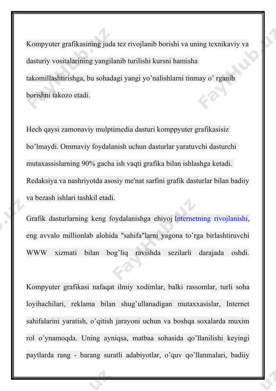 zda muhokama qilib, tegishli qarorlar qabul iii qilishdan iboratdir. tasavvurni yanada oshirish uchun ushbu paketlarda tasvirni turli xildagi grafika shaklida tasvirlash imkoniyati kiritilgan. bu esa, o'z navbatida, barcha turdagi tasvirlarni ekranda birgalikda ko'rib, tahlil qilish imkoniyatini oshiradi. bu paketlarning eng ahamiyatli tomoni shundaki, ular tasvirlarni turli xil shaklda berishdan tashqari aks ettirilgan grafikalarni tahlil qilish imkoniyatini ham beradi. shu sababli bu paketlarga turli xil matematik tahlil usullari, jumladan statistik tahlil, ehtimollar nazariyasi, iqtisodiy jarayonlar bashorati kabi usullar kiritilganki, ular berilgan axborot to'plamini tahlil qilish imkonini beradi. namoyish qilish grafikasi - matn, sxema, eskiz kabi hujjatlarning mashinaviy tasvirini hosil qilib uni namoyish etishga tayyorlash uchun xizmat qiladi. bu yerda eng asosiy vazifa - yuqori sifatli va chiroyli ko'rinishdagi tasvirlar hosil qilishdan iborat. bu turdagi grafikaning eng afzal tomoni shundaki, undagi tasvirlar to'plami va ko'rinishini tezda o'zgartirish mumkin. injenerlik grafikasi - bunday grafika chizmachilik, loyihalash va konstruktorlik ishlarini avtomatlashtirishda keng qo'llaniladi. injenerlik …