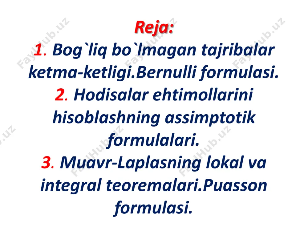 li formulasiga ko`ra 𝑷𝟑(2)=𝑪𝟑 𝟐 ∙ 𝟎, 𝟓 𝟐 ∙ 𝟎, 𝟓 𝟑−𝟐 = 𝟑 ∙ ( 𝟏 𝟐 )𝟑 = 𝟑 𝟖 = 𝟎, 𝟑𝟕𝟓 2-misol.chigit urug’ining unuvchanligi 80% ga teng bo’lsa, ekiladigan 100 dona urug’dan: a) rosa 80 tasini o’nib chiqish; b) unib chiqqan urug’lar sonini 80 ta bilan 90 ta orasida bo’lish ehtimollari topilsin? bu ehtimolliklarni bernulli formulasi yordamida hisoblash murak- kab bo’lib, ularni ushbu taqribiy for- mulalar yordamida topiladi. 2.muavr-laplasning lokal va integral teoremalari.puasson formulasi. n va k lar yetarli katta bo`lganda 𝑷𝒏(k)=𝑪𝒏 𝒌 ∙ 𝒑𝒌 ∙ 𝒒𝒏−𝒌 ehtimollikni hisoblash uchun birinchi assimptotik (taqribiy) formula p=q=1/2 ga teng bo`lganda 1730-yilda muavr (1667- 1754) yillarda yashagan ingliz matematigi) tomonidan topilgan bo`lib, keyinchalik laplas (1749-1827 yillarda yashagan fransuz olimi) ixtiyoriy p (0 𝟎 4 °. ф(0) =0 место для формулы. ф(x) funksiyaning qiymatlar jadvali teorema.(puasson teoremasi) n-ta erkli sinashni seriyasining har birida a hodisaning ro`y berish ehtimoli p …
