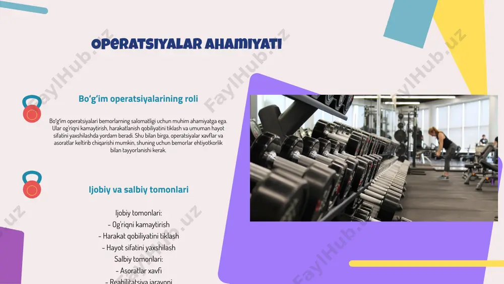 yalar natijasida, bemorlar ma'lum darajada harakatsizlikka duch keladilar, shuning uchun reabilitatsiya jarayoni muhimdir. bemorlar uchun asosiy qoidalar orasida, harakatlarni asta-sekin oshirish, fizioterapiya mashqlarini bajarish va malakali mutaxassislar tomonidan nazorat qilish kiradi. jarrohlikdan keyingi reabilitatsiya bosqichlari birinchi bosqich: dam olish va tiklanish reabilitatsiya jarayoni birinchi bosqichda bemorning holatini kuzatish va dori-darmonlarni berishdan iborat. bu davrda bemor muolajadan keyin xavfsiz dam olishni ta'minlash muhimdir, shu bilan birga og'riqni kamaytirish va yallig'lanishni oldini olish uchun zarur dori-darmonlarni qo'llash kerak. ikkinchi bosqich: jismoniy faoliyatni tiklash ushbu bosqichda jismoniy faoliyatni tiklashga qaratilgan reabilitatsiya dasturlari va mashqlar muhim ahamiyatga ega. bemorlar maxsus tayyorlangan mashqlar orqali mushak kuchini oshirish va harakatlanish qobiliyatini tiklashlari kerak. uchinchi bosqich: to'liq tiklanish uchinchi bosqichda bemorlar ijtimoiy faoliyat va sport bilan shug'ullanishlari mumkin. bu bosqichda bemorlar o'z salomatliklarini yaxshilab, hayot sifatini oshirishga erishadilar. to'liq reabilitatsiya jarayoni reabilitatsiya davomida bemorning o'z-o'zini baholashi va tiklanish jarayoni haqida fikr yuritishi muhimdir. bemorlar o'z holatini va …