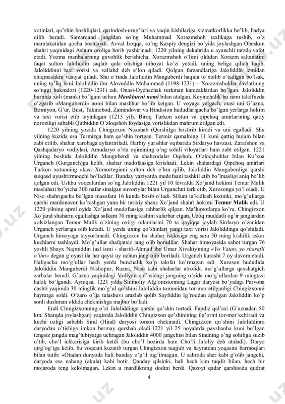 ib borayotganligidan yaqqol dalolat berardi. xorazmshohlar davlati xalqaro maydonda ham yakkalanib bormoqda edi. muhammad xorazmshohning xalifalik hokimiyatini qo‘lga kiritish borasida olib borayotgan besamar urushlari uning ko‘pchilik musulmon davlatlari tomonidan ajoalib, ularning nafratiga duchor bo‘lishga mahkum etgandi. chingizxon xorazmshohlar davlati to‘g‘risida chuqur ma’lumotga ega bo‘lish uchun o‘z tasarrufidagi elchilik, josuslik xizmatlaridan ustamonlik bilan foydalandi. bunda u xorazmdan mo‘g‘ulistonga qatnaydigan bmr guruh savdogarlar xizmatiga tayandi. unga xorazmdan mo‘g‘ulistonga qatnaydigan bir guruh yirik savdogarlar: mahmud yalovoch, hasan xoja, yusuf o‘troriy, ali xoja al-buxoriy singarilarning josuslik xizmati ayniqsa qo‘l keladiyu chingizxon ular orqali xorazm mamg‘lakatiga oid keng ma’lumotlarni olib turdi va buni o‘z siyosatida hisobga oldi. nihoyat, 1218 yil kuzida chingizxon jo‘natgan, tarkibi musulmon savdogarlaridan iborat 450 kishilik boy savdo karvonining o‘trorda xorazmshoh ishorasi bilan talanishi va yo‘q qilinishi mo‘g‘ullar uchun muhim ashyoi dalil bo‘ldiki, bu hol ikki o‘rtada yuz berishi muqarrar bo‘lgan kata urushga sabab bo‘ldi. mo’g’ullar bosqini arafasida xorazmshoh muhammad davlati o’z …