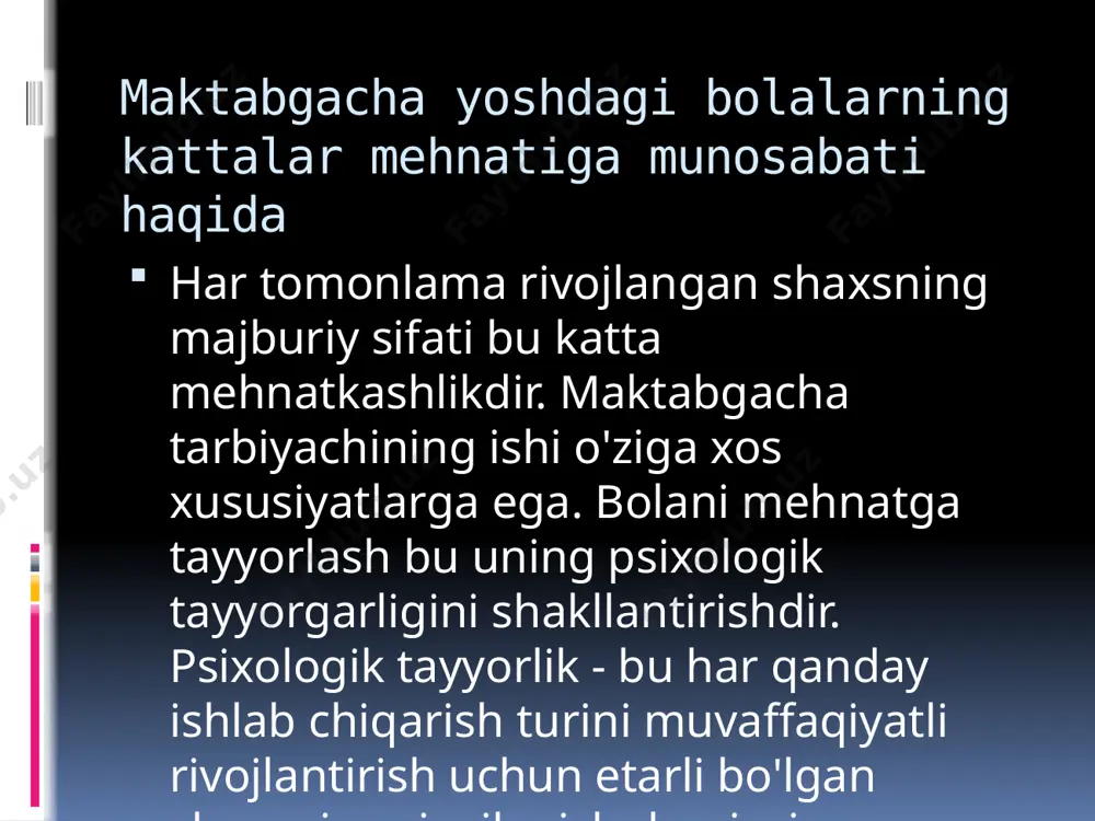 voyaga etganlar mehnatining yo'nalishini ko'rishga yordam berish bolalar mehnatining o'ziga xos jarayonlari; yaqinlaringizga yaxshi tuyg'ularni, hurmatni rivojlantirish buyumlar va o'yinchoqlar, kattalar mehnati natijasida; bolaga tegishli so'z birikmalarini o'zlashtirishga yordam bering; o'yinda olingan taassurotlarni aks ettirishga undang. vazifalar: biz bolamizni mustaqil hayotga jasorat bilan kirishga tayyor bo'lish uchun o'z vaqtida tayyorlaymiz. shuning uchun biz bolamizni xohlaymiz: men mehnat, odamlar hayotida juda muhim o'rinni egallab turishini, mehnat aslida hayotning asosi ekanligini angladim. ishlayotganlarning barchasini hurmat qildi va mehnatlari samarasini qadrladi; vazifalar: turli xil ish joylari qanday bo'lishi mumkinligi, turli kasb egalari nima qilishlari, qanday asboblar va dastgohlar yordamida va qanday natijalar bilan tanishgan bo'lar edim; u o'zi ishlashga tayyor edi, chunki u ham yoqadi, ham qiziq, ham zarurdir; u mehnatni o'rganar, zarur ko'nikmalarni o'zlashtirar, mehnat qilar, odamlarga foyda keltirar va mehnat qobiliyatini rivojlantirar edi. mehnatning ma'nosini tushuntrish mehnat natijasida yuzaga keladigan ajoyib o'zgarishlarga bolalarda hayratlanish tuyg'usini uyg'otish juda muhim: eski iflos devorlar …