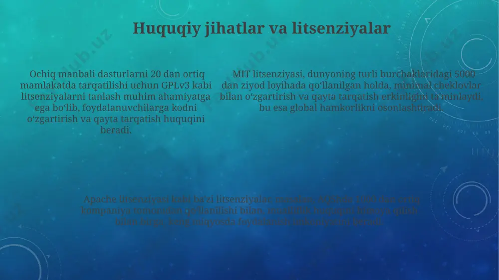 dalanadi, bu esa kodning xavfsizligini va birgalikda ishlab chiqilishini ta'minlaydi. git kabi versiya nazorati tizimlari dunyo bo'ylab 10 milliondan ortiq dasturchilar tomonidan, masalan, aqshdagi yirik kompaniyalar va hindistondagi kichik startuplar tomonidan faol ishlatiladi, bu esa global hamkorlikni namoyon etadi. e'tiboringiz uchun rahmat @taqdimot_robot image3.png