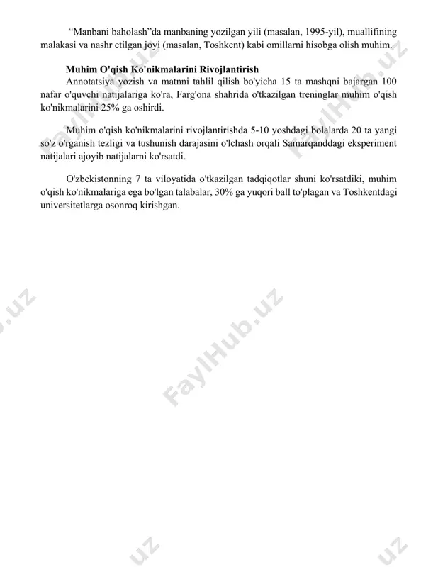 ilish bo'yicha 15 ta mashqni bajargan 100 nafar o'quvchi natijalariga ko'ra, farg'ona shahrida o'tkazilgan treninglar muhim o'qish ko'nikmalarini 25% ga oshirdi. muhim o'qish ko'nikmalarini rivojlantirishda 5-10 yoshdagi bolalarda 20 ta yangi so'z o'rganish tezligi va tushunish darajasini o'lchash orqali samarqanddagi eksperiment natijalari ajoyib natijalarni ko'rsatdi. o'zbekistonning 7 ta viloyatida o'tkazilgan tadqiqotlar shuni ko'rsatdiki, muhim o'qish ko'nikmalariga ega bo'lgan talabalar, 30% ga yuqori ball to'plagan va toshkentdagi universitetlarga osonroq kirishgan. 📌xulosa танқидий мутолаа билимларни чуқурроқ англаш, мустақил фикрлаш ва шахсий нуқтаи назарни шакллантиришга ёрдам беради. бу жамиятда муваффақиятли ва масъулиятли фуқаро бўлиш учун муҳимдир. 📚foydalanilgan adabiyotlar 1. андерсон, к. (2010). tanqidiy o'qish: fikrlashning muhim vositasi. (anderson, k. (2010). critical reading: a crucial tool for thinking.) 2. bartolomeu, l. (2015). matnni tanqidiy tahlil qilishning amaliy usullari. (bartolomeu, l. (2015). practical methods of critical text analysis.) 3